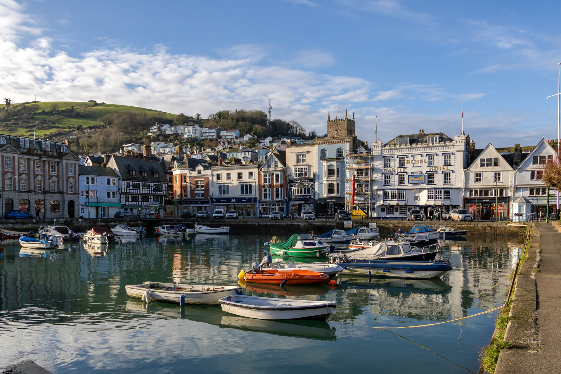 Dartmouth, Devon, UK - January 14. Boats in the harbour in Dartmouth, Devon on January 14, 2024. Unidentified people