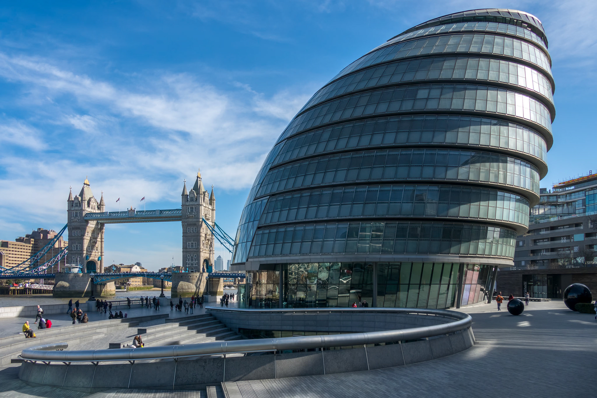 View of City Hall and Tower Bridge in London