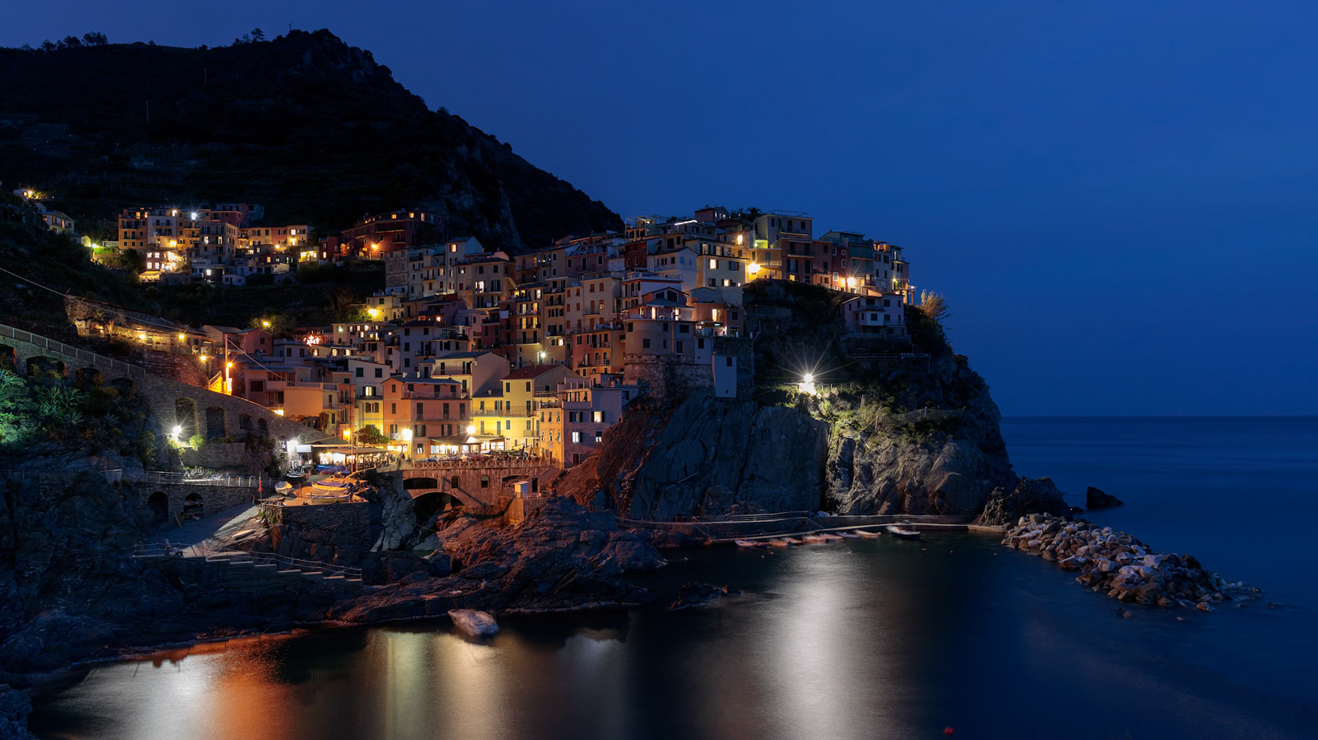 MANAROLA, LIGURIA/ITALY  - APRIL 20 : Night-time view of Manarola Liguria Italy on April 20, 2019