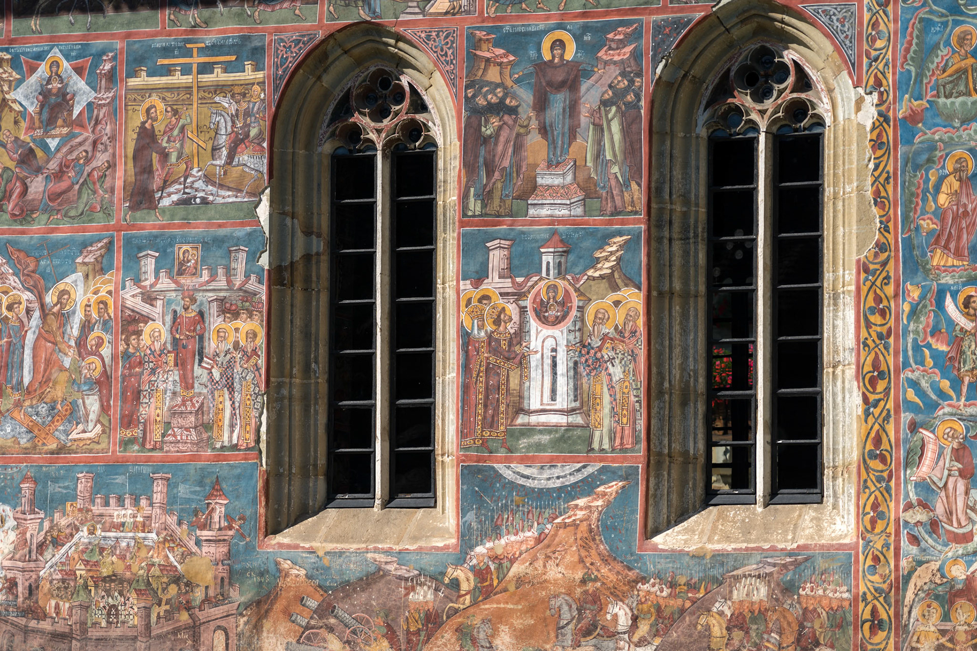 MOLDOVITA, MOLDOVIA/ROMANIA - SEPTEMBER 18 : Frescos on the exterior of the Monastery in Moldovita in Moldovia Romania on September 18, 2018