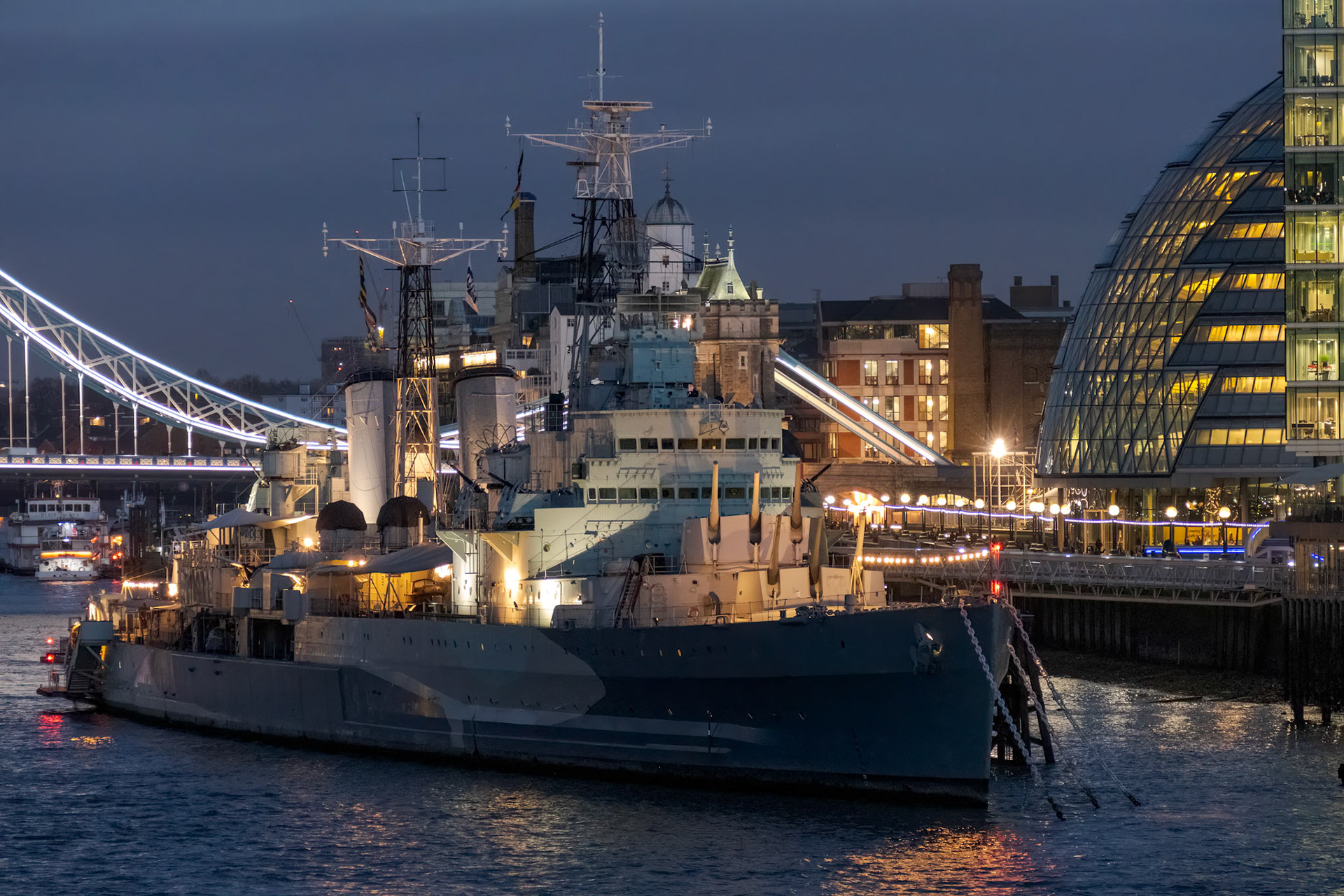 HMS Belfast in London at night
