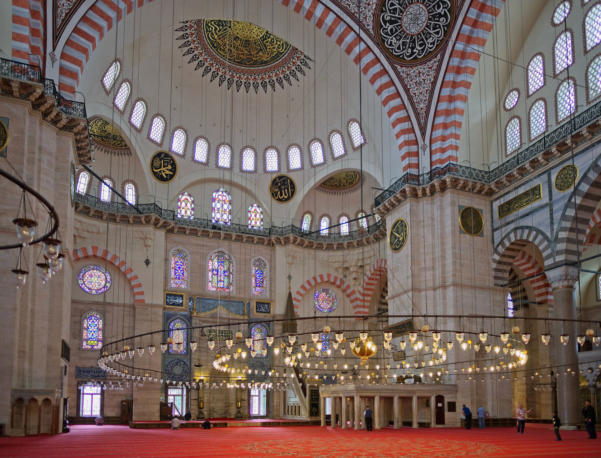 ISTANBUL, TURKEY - MAY 28 : Interior view of the Suleymaniye Mosque in Istanbul Turkey on May 28, 2018. Unidentified people