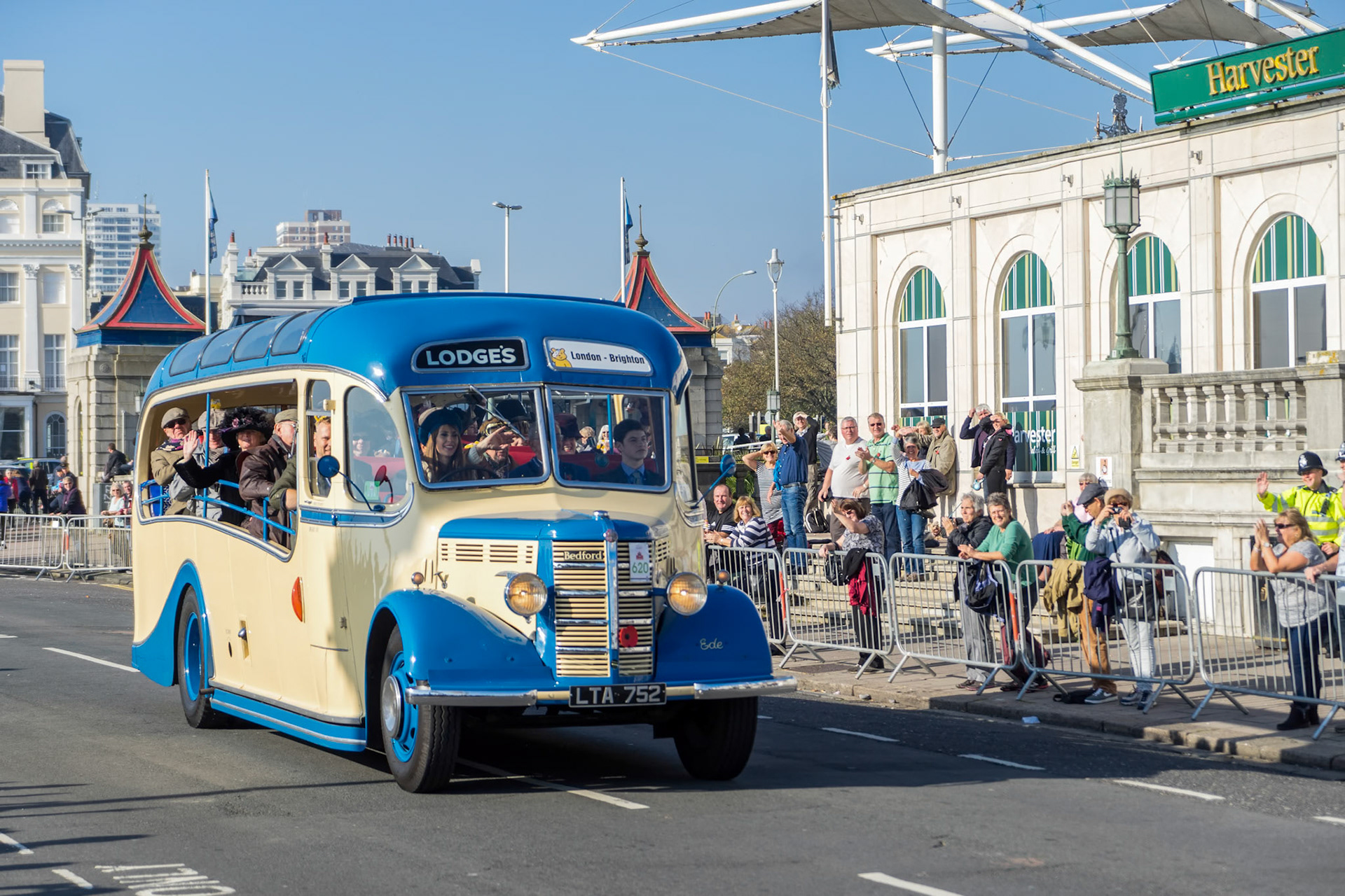 Old Bus approaching the Finish Line of the London to Brighton Veteran Car Run