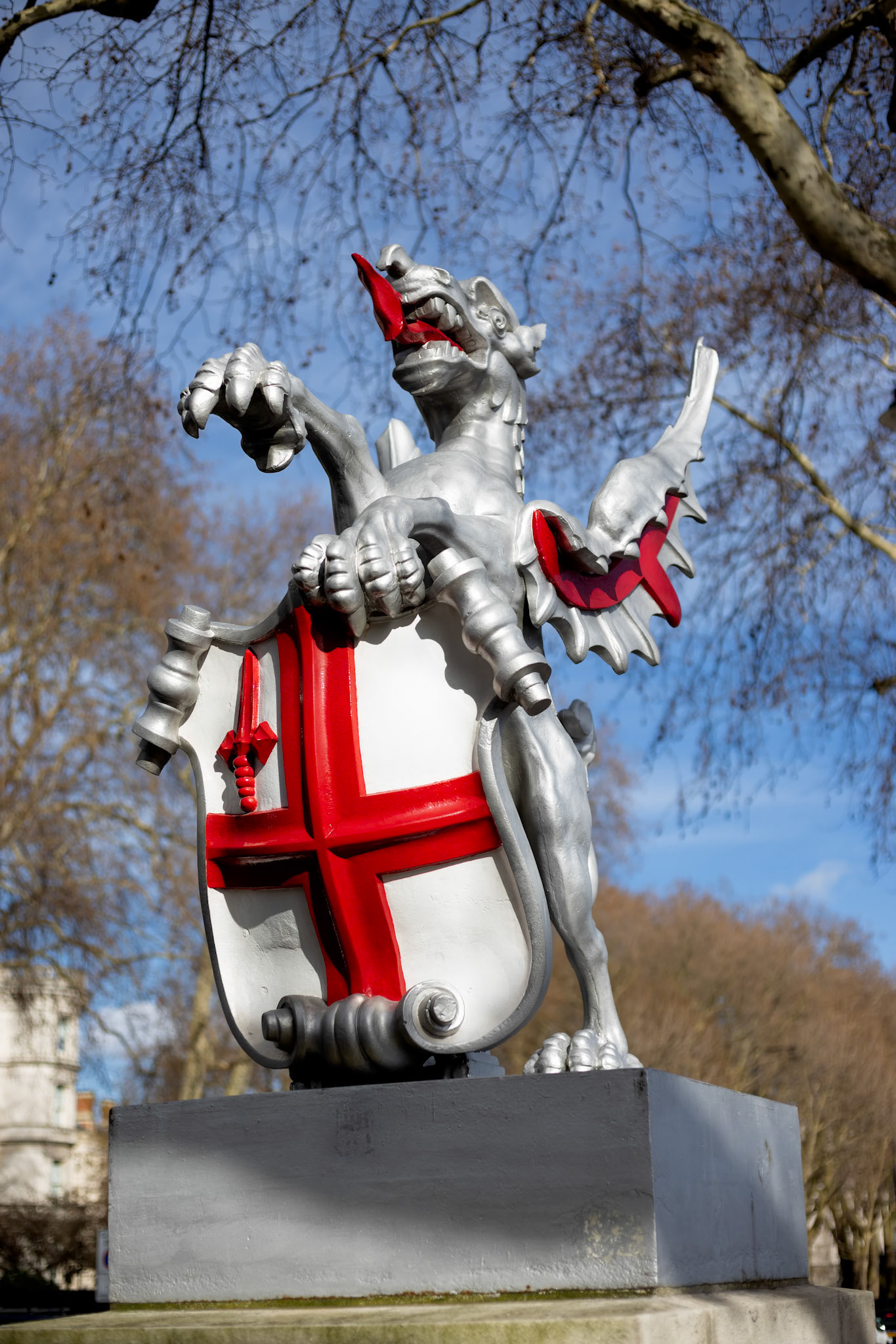 LONDON, UK - MARCH 11 : Boundary Griffin on a plinth at Thames Embankment  in London on March 11, 2019
