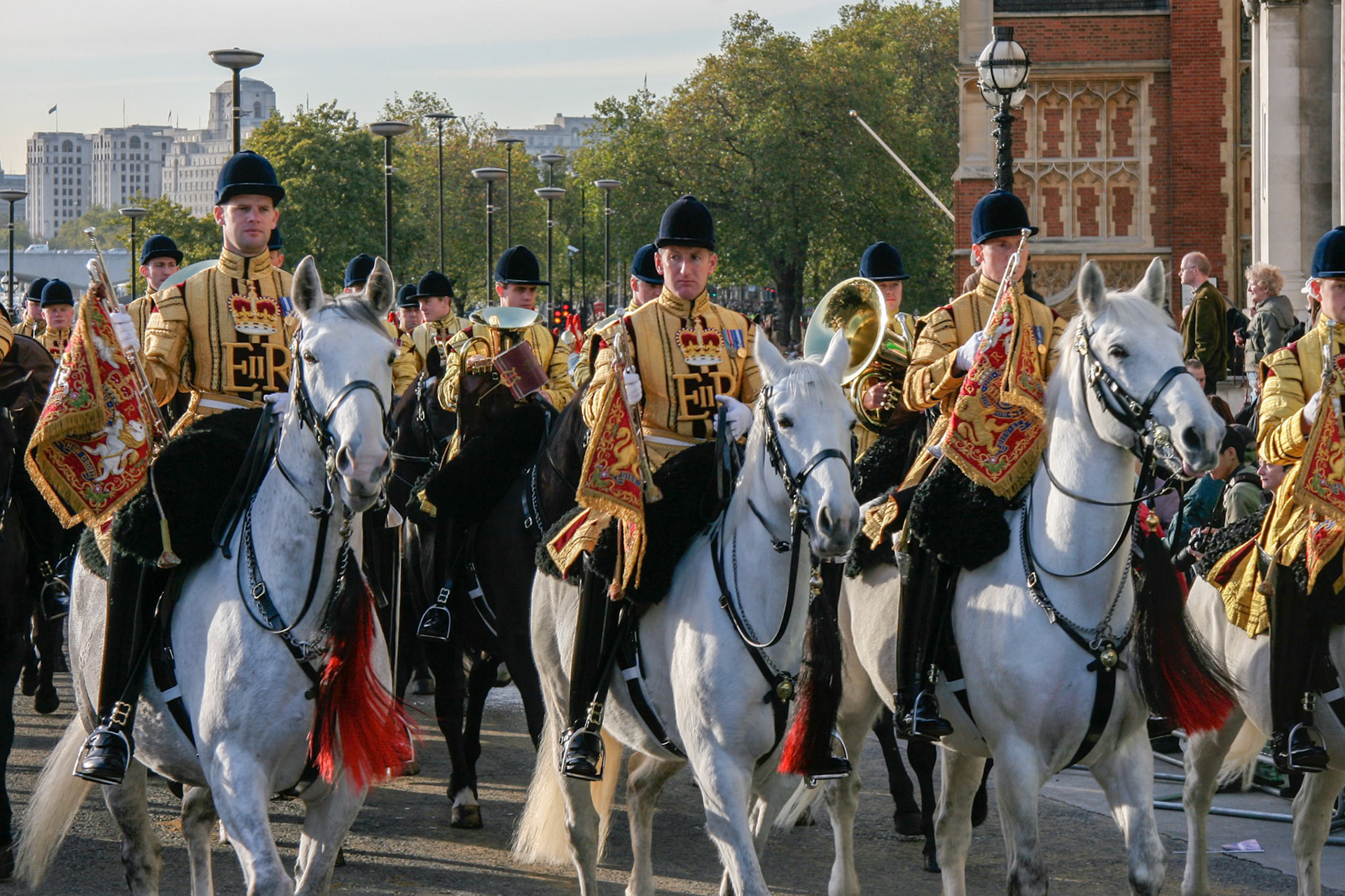 LONDON - NOVEMBER 12 : Mounted Band of The Blues and Royals at the Lord Mayor's Show in London on November 12, 2005. Unidentified people.