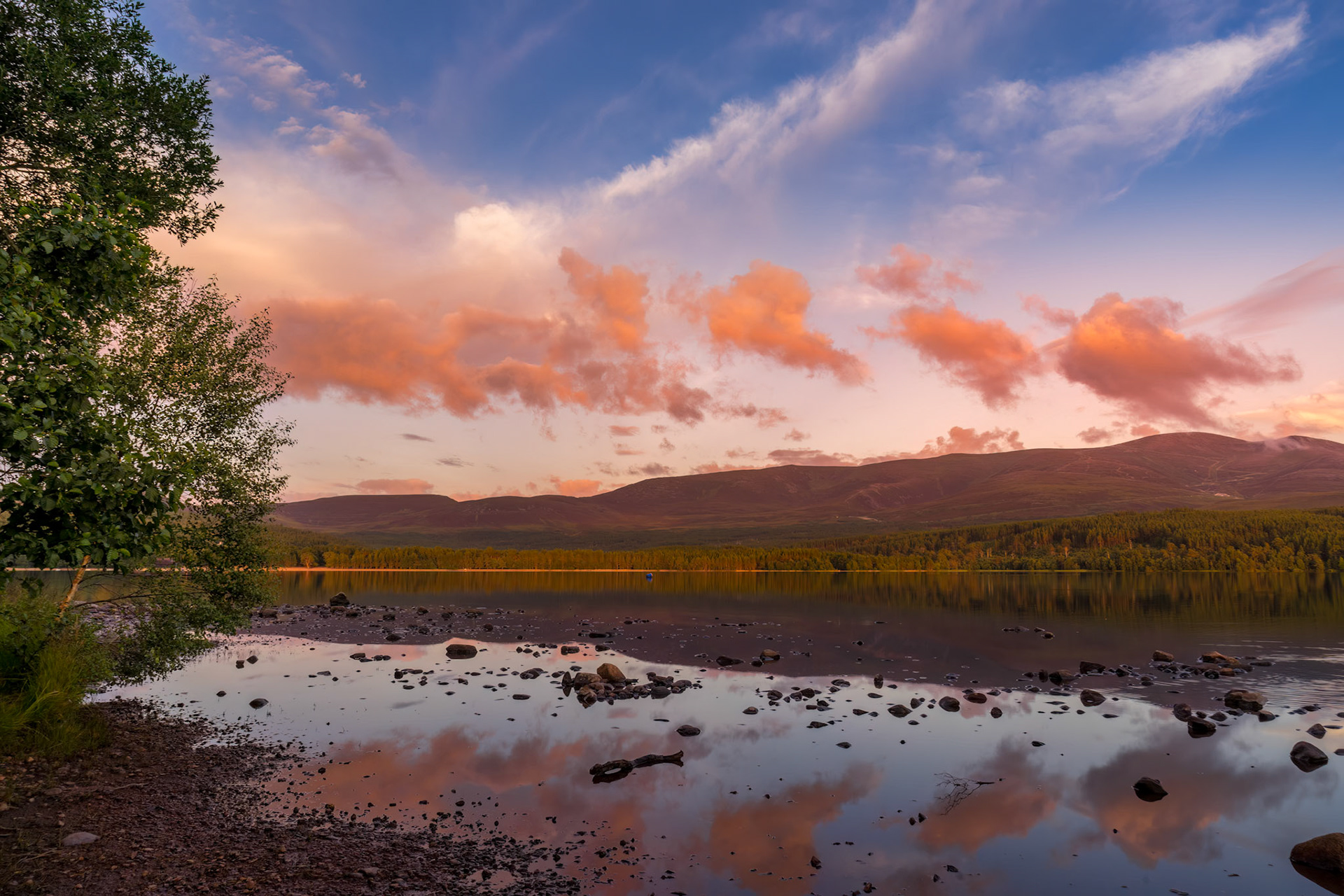 View of Loch Morlich at dusk