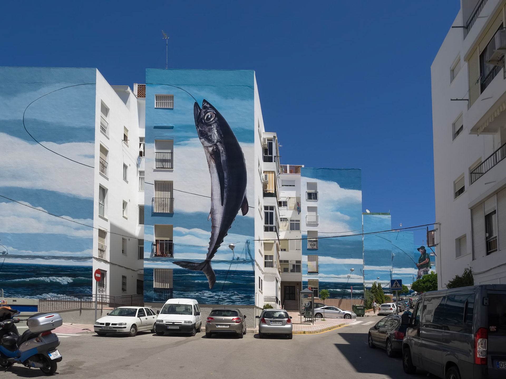 ESTEPONA, ANDALUCIA/SPAIN - MAY 5 : Fishing Day mural by Jose Fernandez Rios in Estepona Spain on May 5, 2014. Unidentified people.