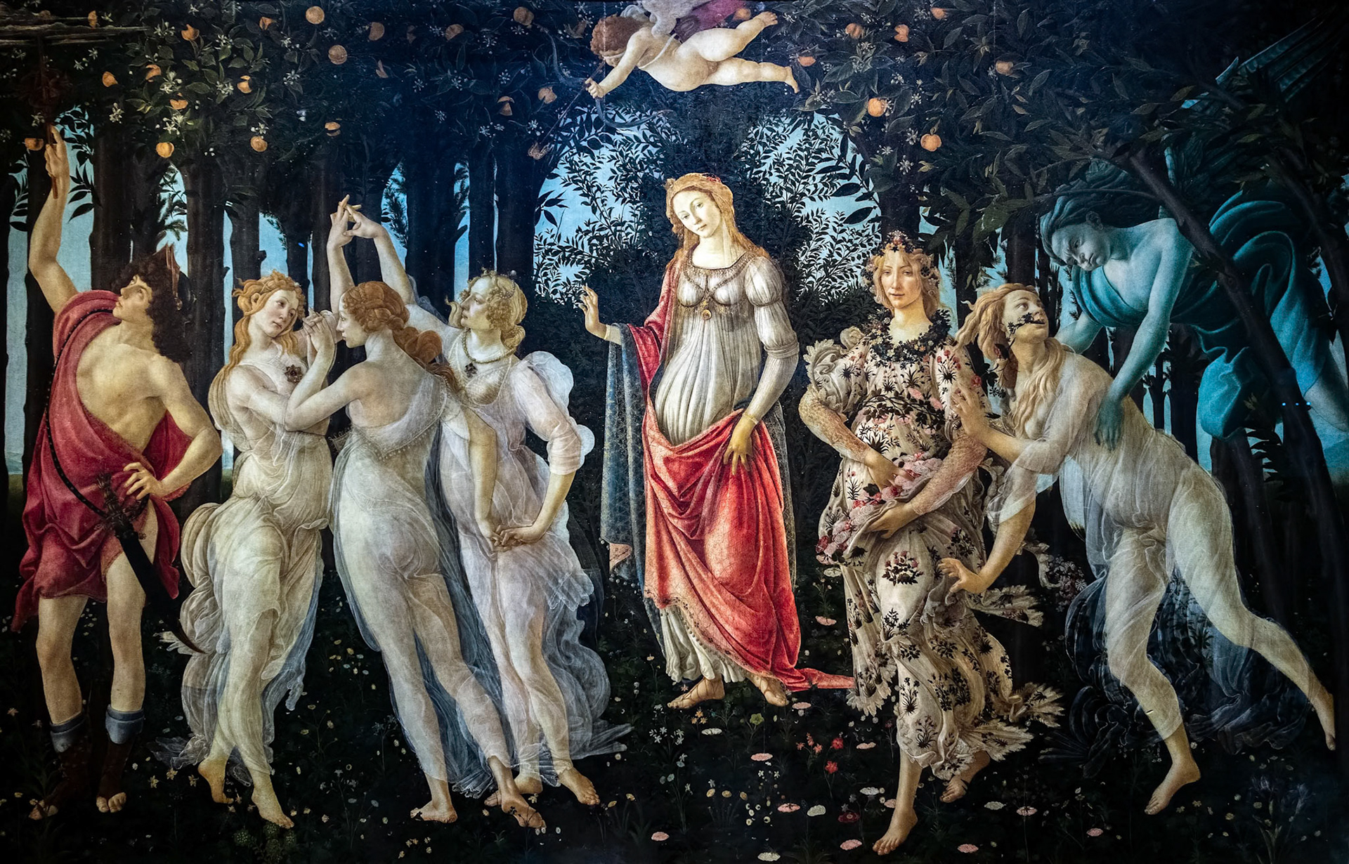 FLORENCE, TUSCANY/ITALY - OCTOBER 19 : Spring painting in the Uffizi gallery in Florence on October 19, 2019