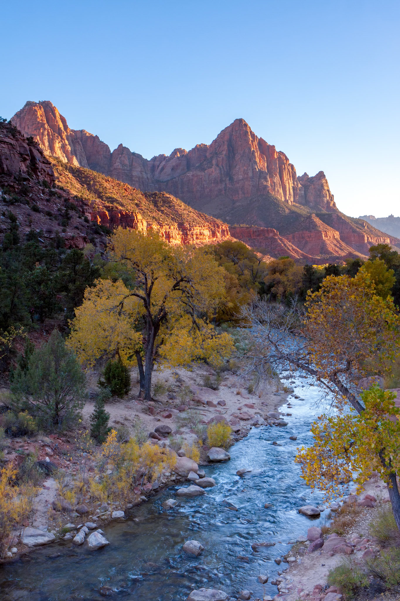Virgin River Valley and sunlit mountains in Zion National Park