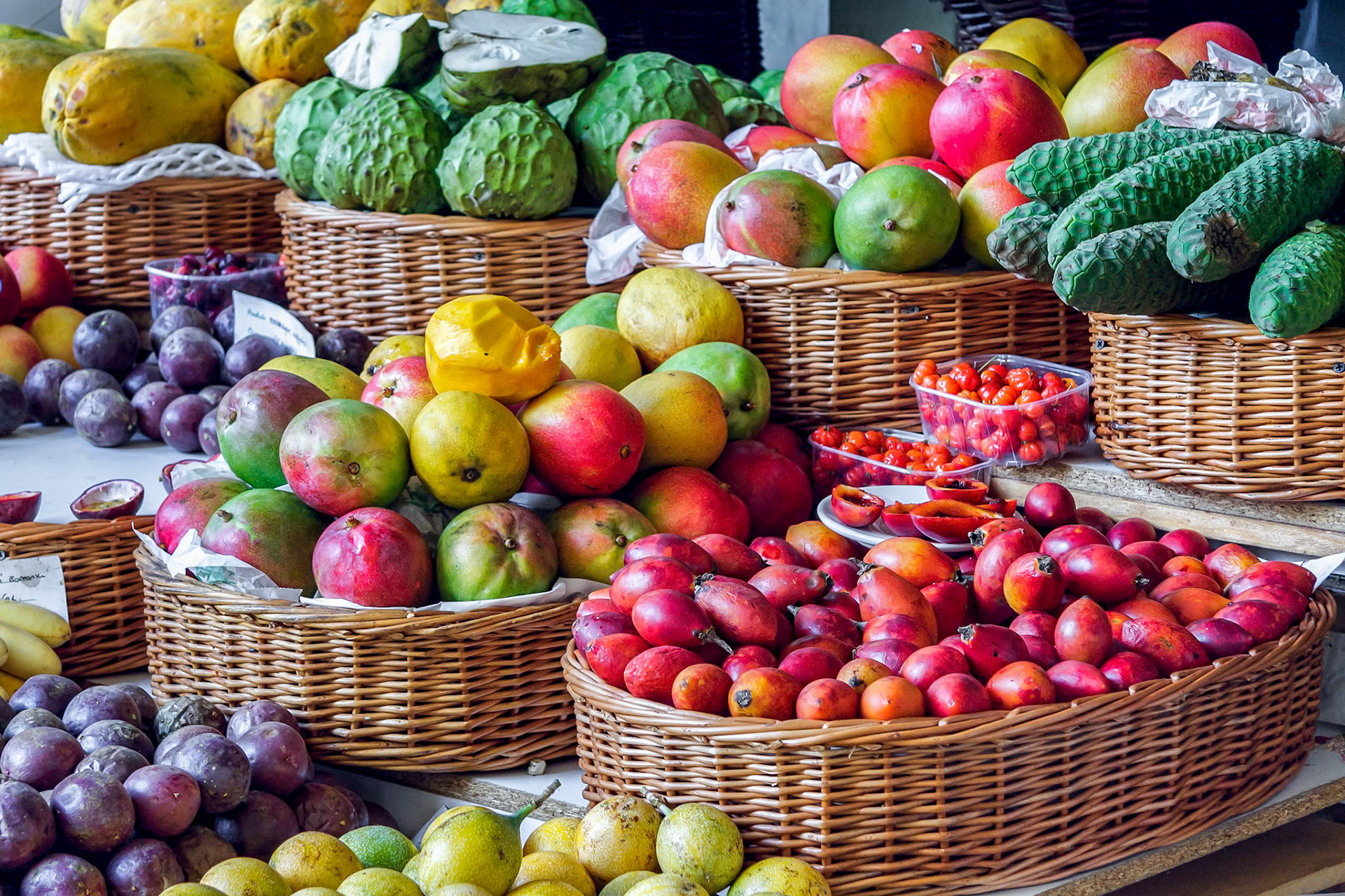Close-Up of a Fruit and Vegetable Stall in Funchal Covered Market