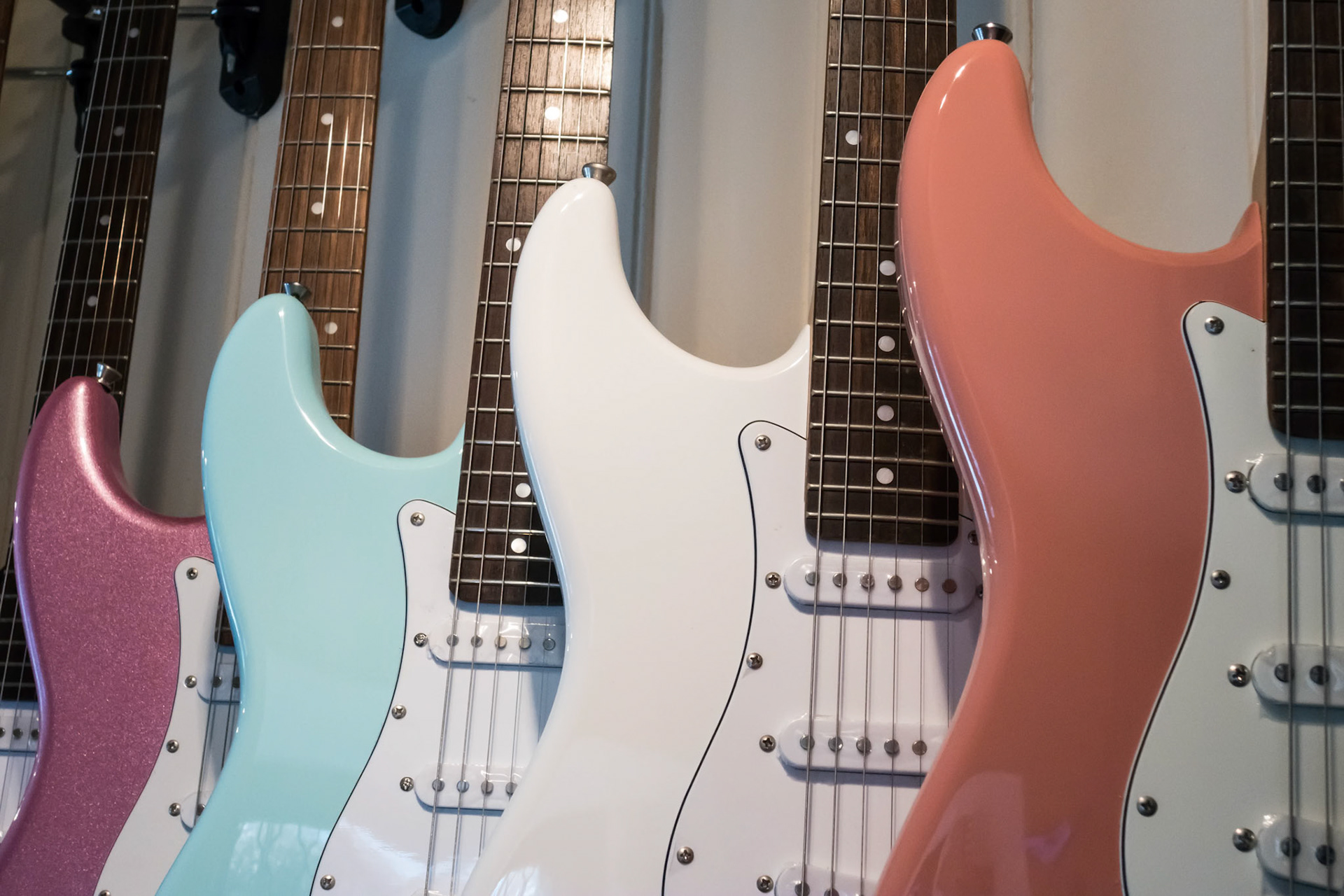 Electric Guitars on Display in a Music Shop