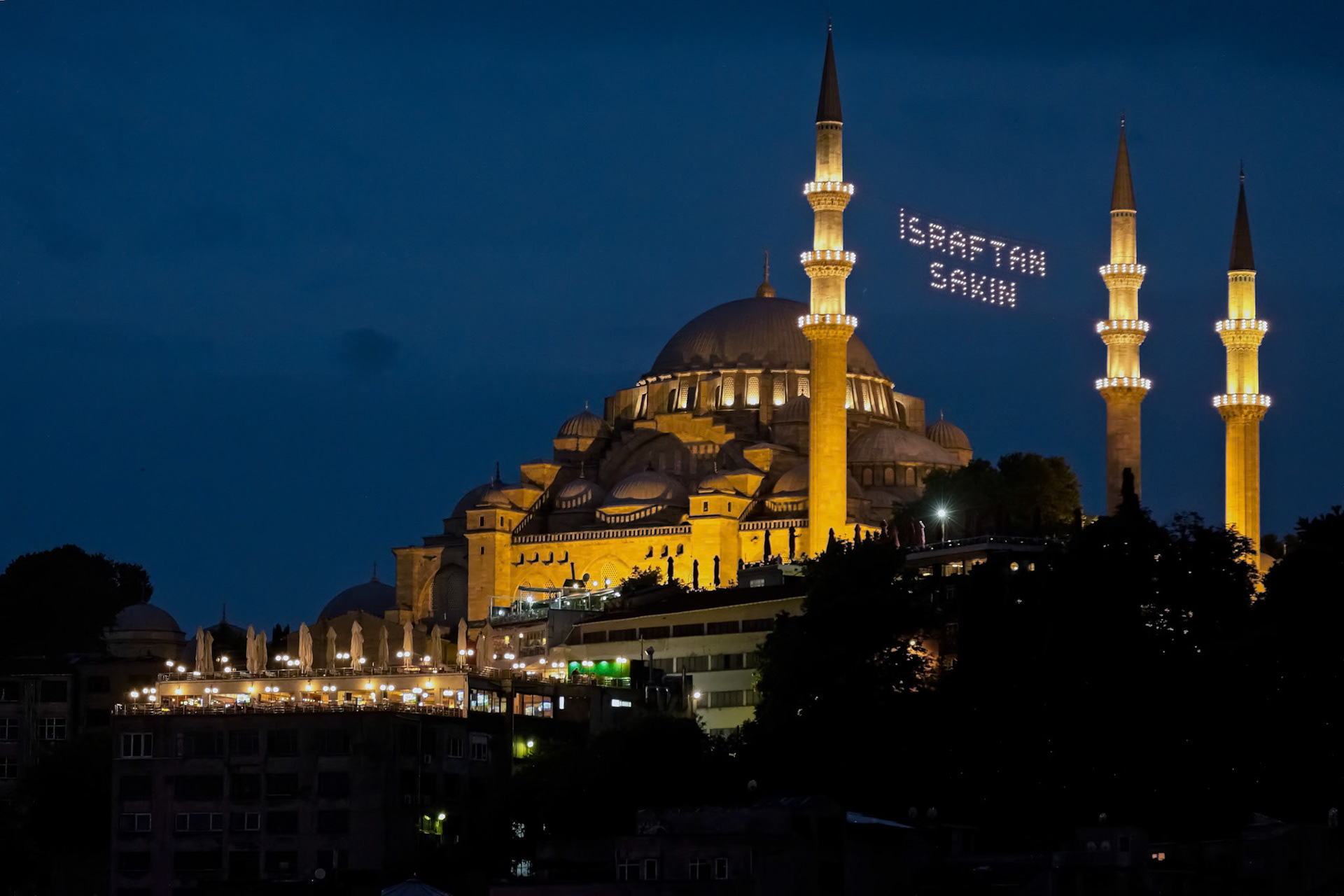 ISTANBUL, TURKEY - MAY 29 : Night-time view of the Suleymaniye Mosque in Istanbul Turkey on May 98, 2018