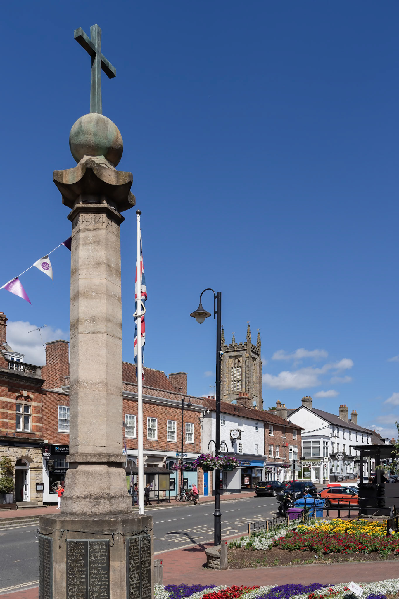 EAST GRINSTEAD, WEST SUSSEX, UK - JULY 1 : View of the War Memorial in East Grinstead on July 1, 2022. Unidentified people