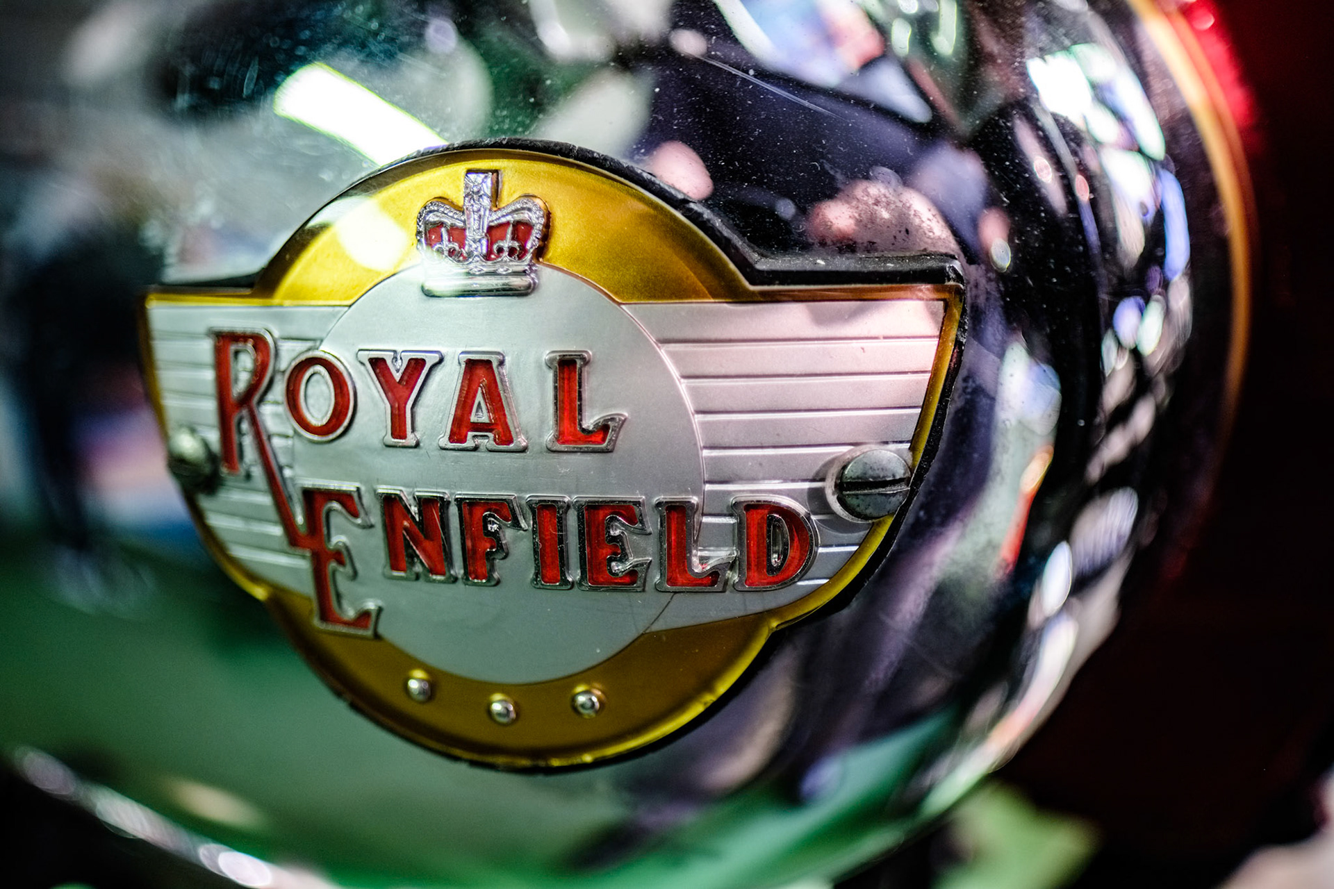 Emblem on a Royal Enfield Motorcycle in the Motor Museum at Bourton-on-the-Water
