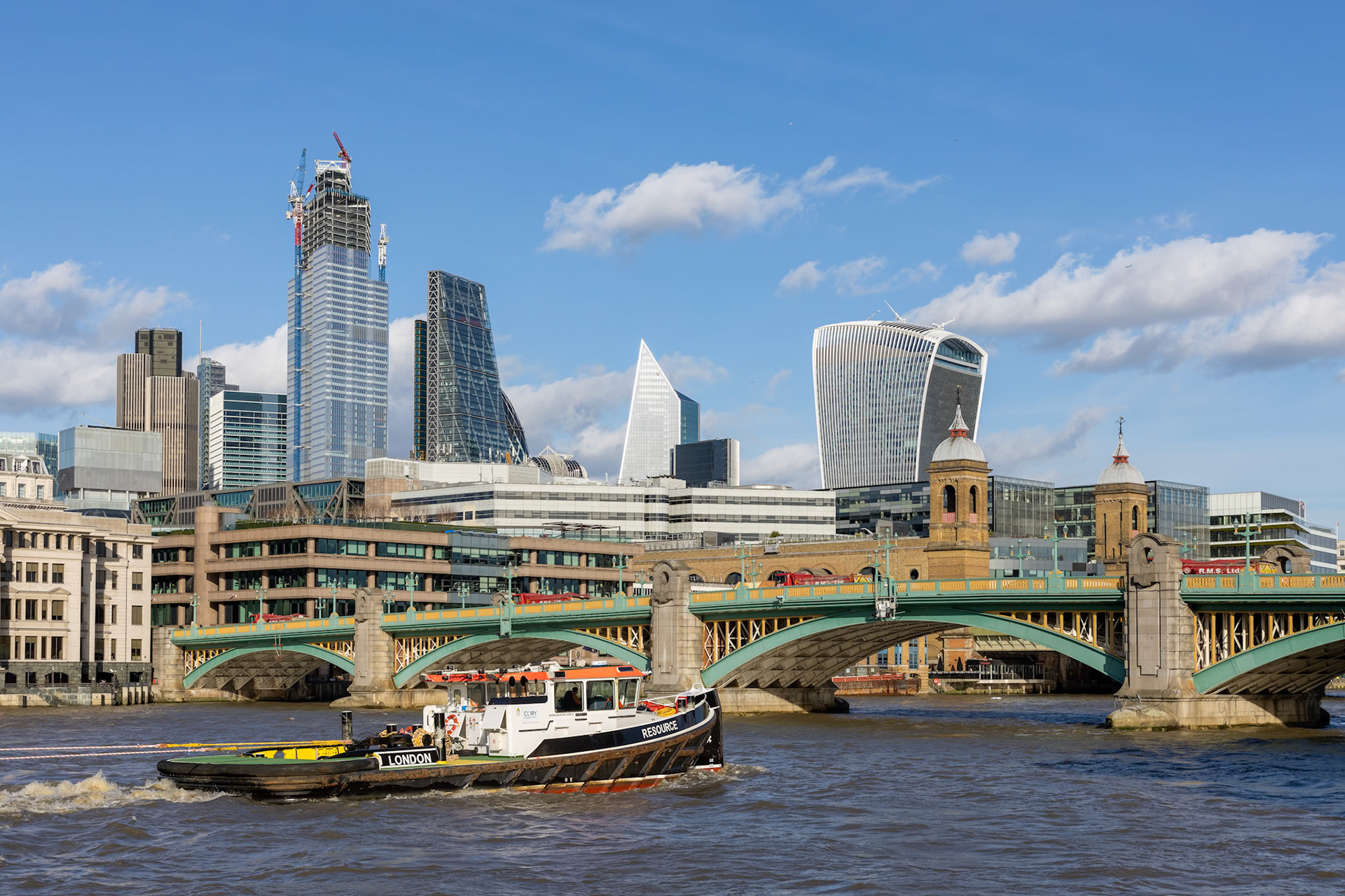 LONDON, UK - MARCH 11 : View along the River Thames towards the City of London on March 11, 2019