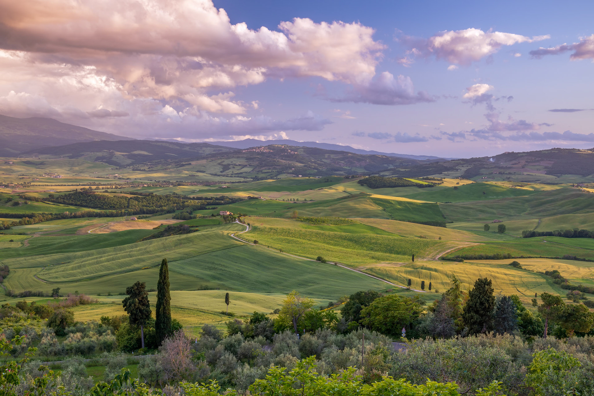 Evening sunlight bathing farmland below Pienza in Tuscany
