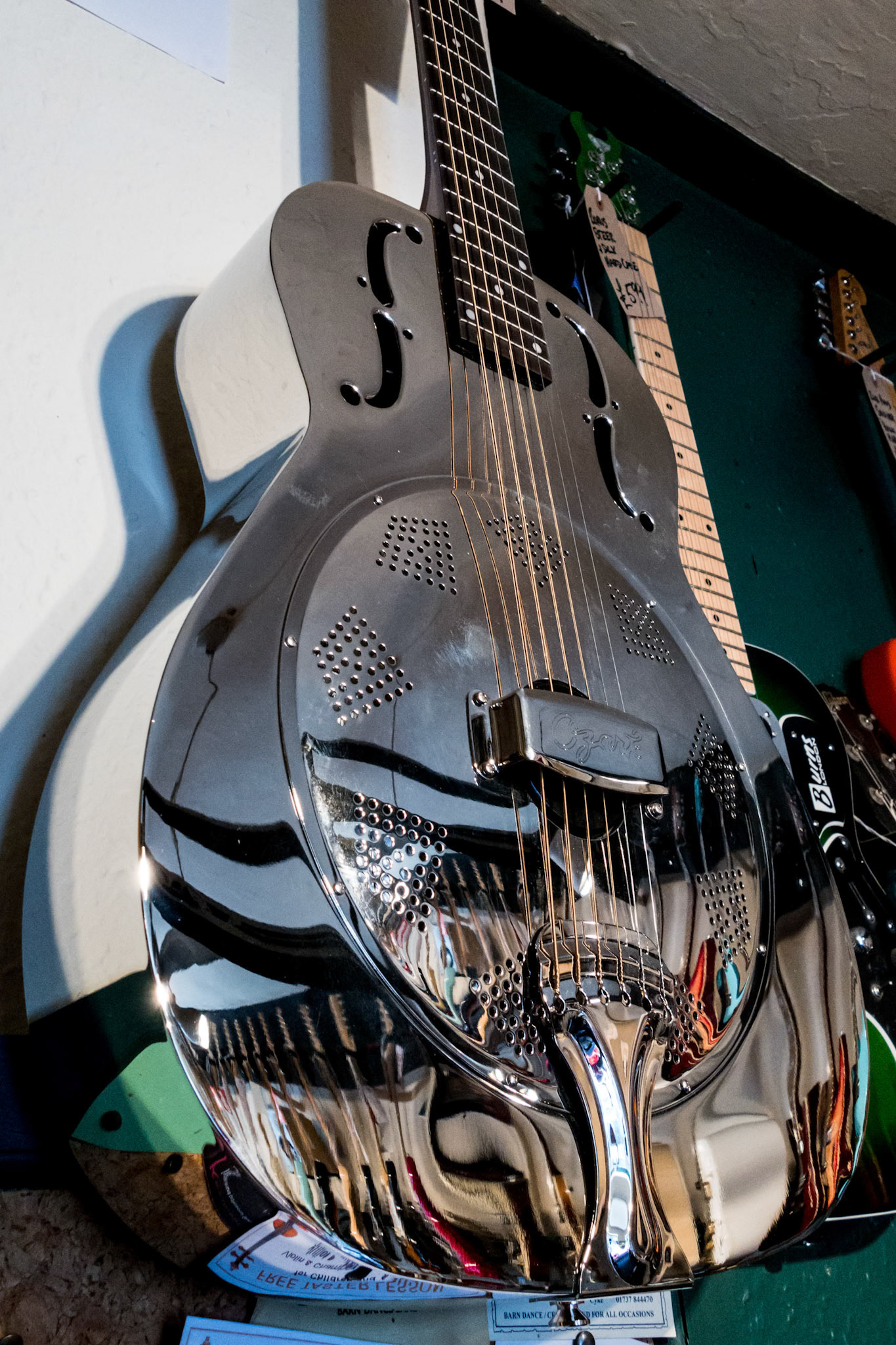 Electric guitars on display in a music shop