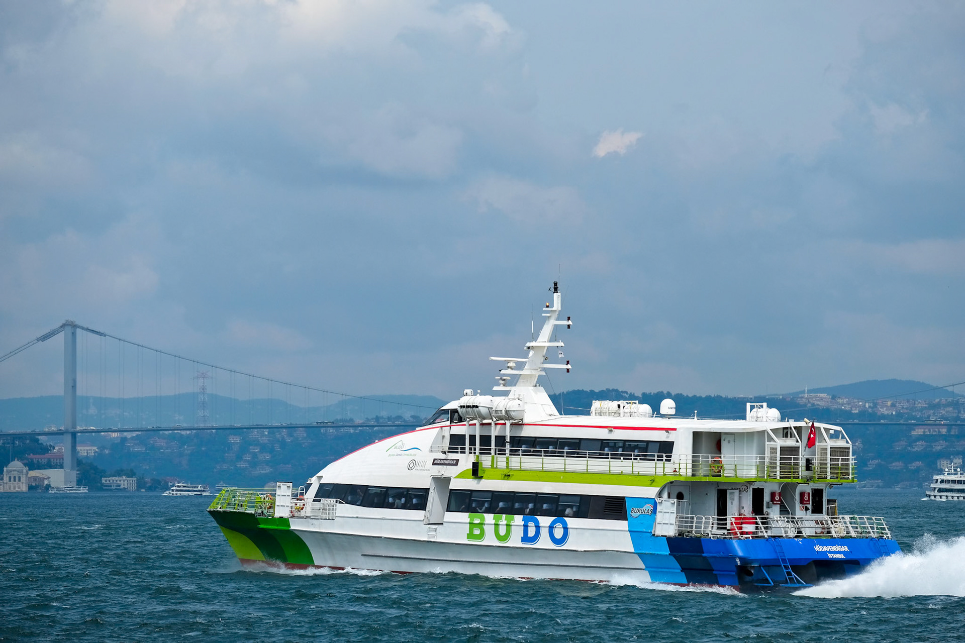ISTANBUL, TURKEY - MAY 26 : Boat cruising up the Bosphorus in Istanbul Turkey on May 26, 2018