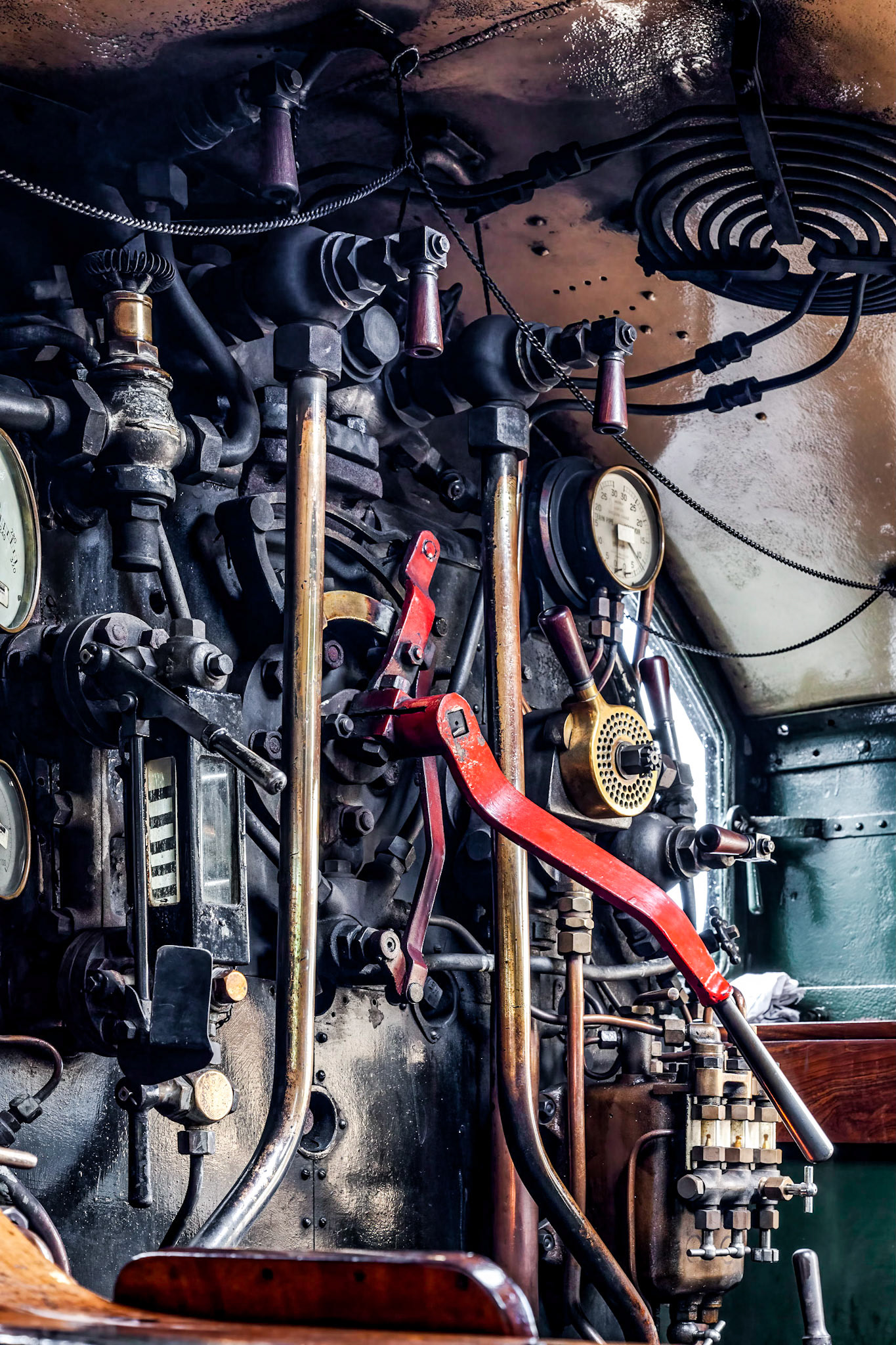 KINGSWEAR, DEVON, UK - JULY 28 : Inside the cab of 4277 BR Steam Locomotive GWR 4200 Class 2-8-0T tank Engine at Kingswear Devon on July 28, 2012