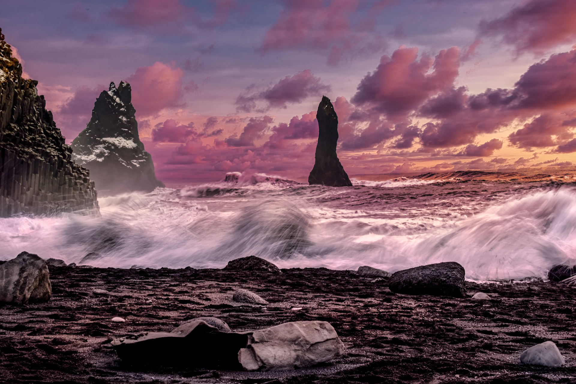 Sunset at Reynisfjara Volcanic Beach