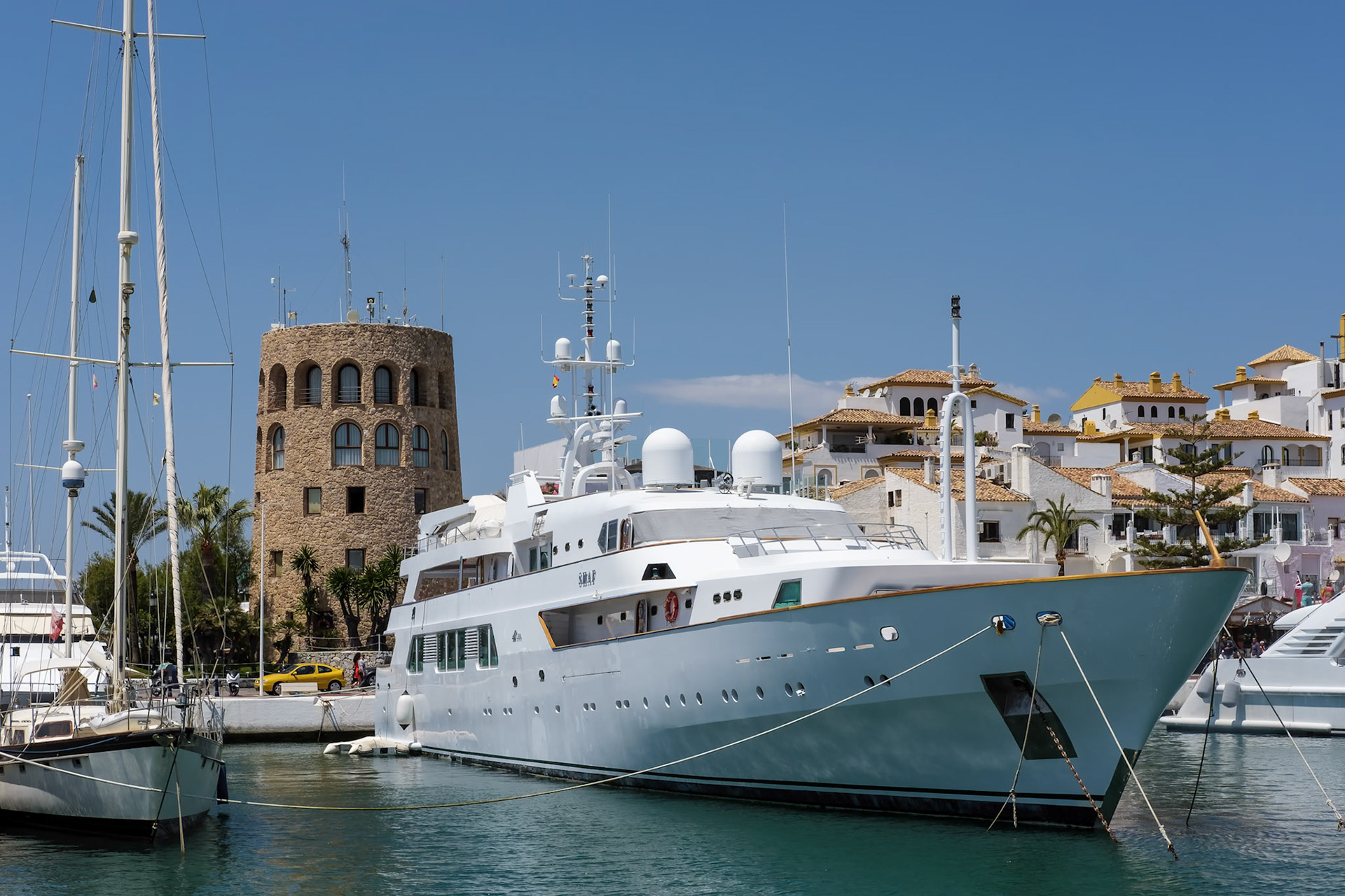 PUERTO BANUS, ANDALUCIA/SPAIN - MAY 26 : View of a Luxury Yacht in the Harbour at Puerto Banus Spain on May 26, 2016. Unidentified people