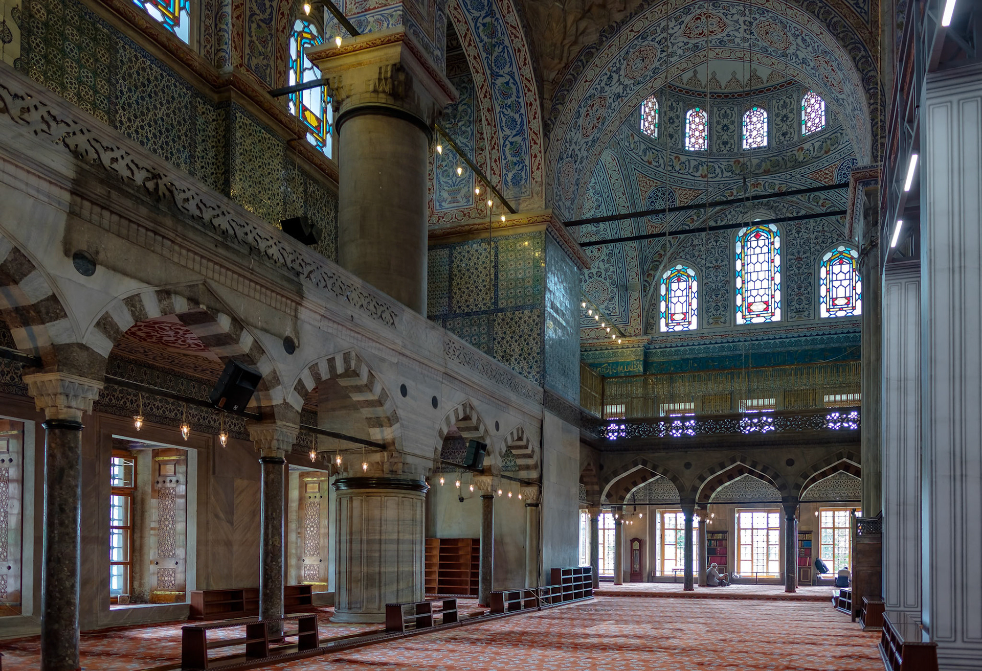 ISTANBUL, TURKEY - MAY 26 : Interior view of the Blue Mosque in Istanbul Turkey on May 26, 2018. Two unidentified people
