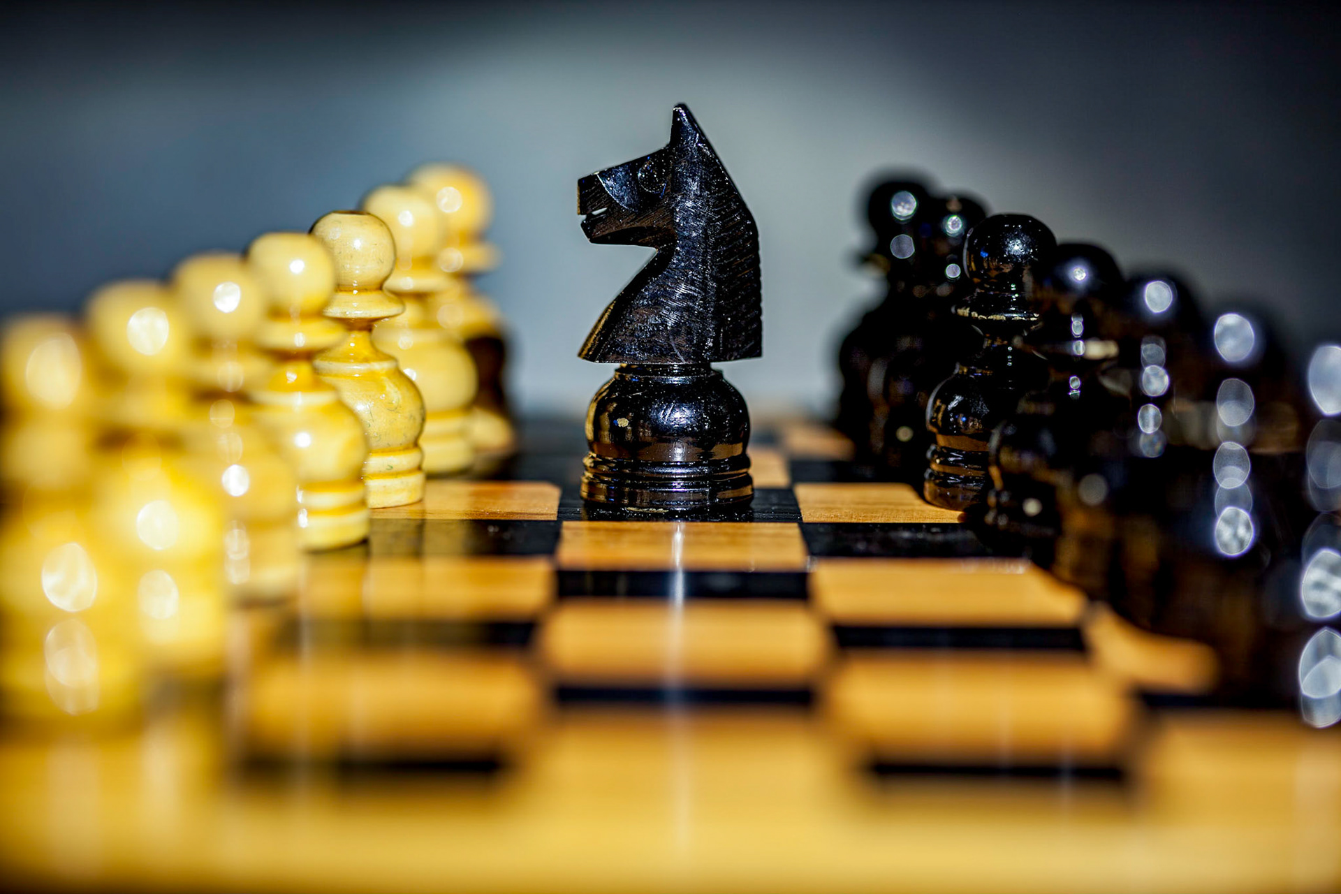 Close up of a black knight and pawns on a chess board