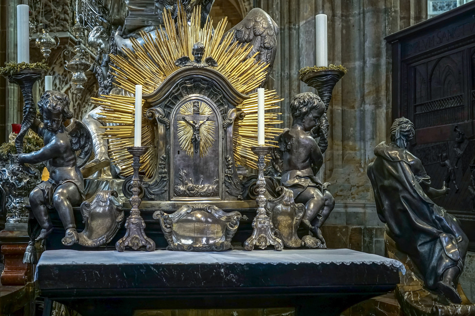 Detail of the Silver Tomb of St John of Nepomuk in St Vitus Cathedral