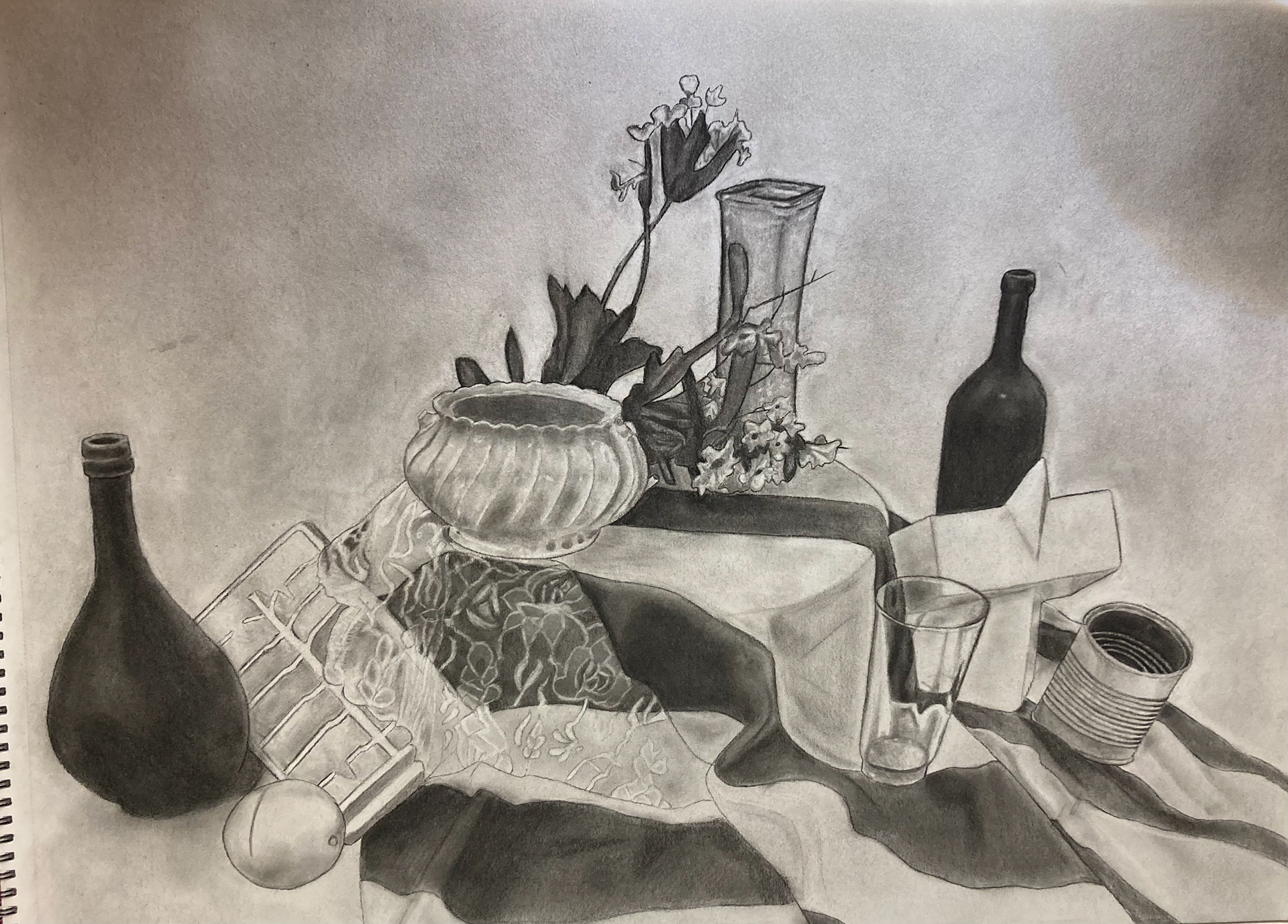 Charcoal pencil drawing: miscellaneous objects still life