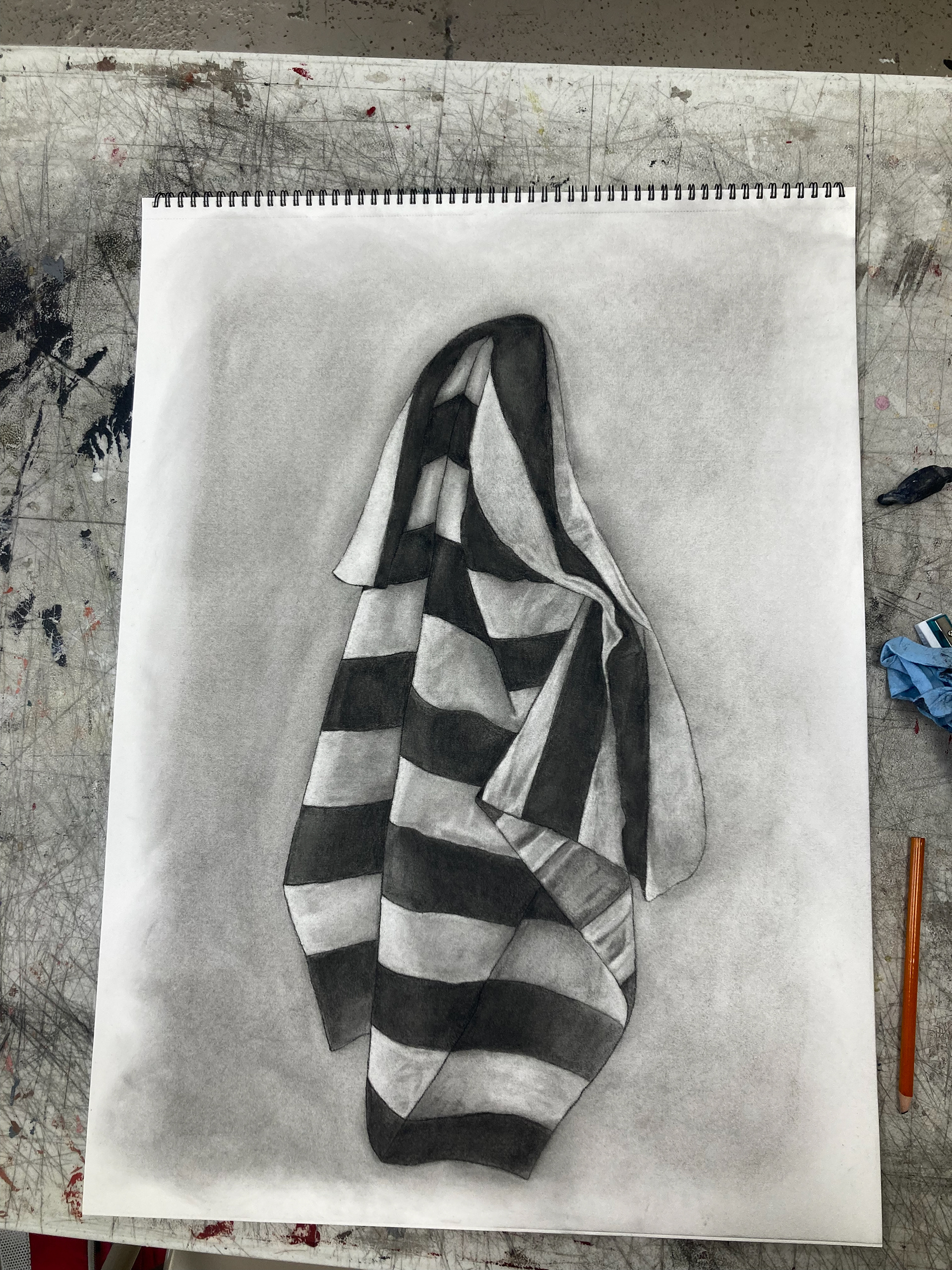 Charcoal pencil drawing: curtain still life