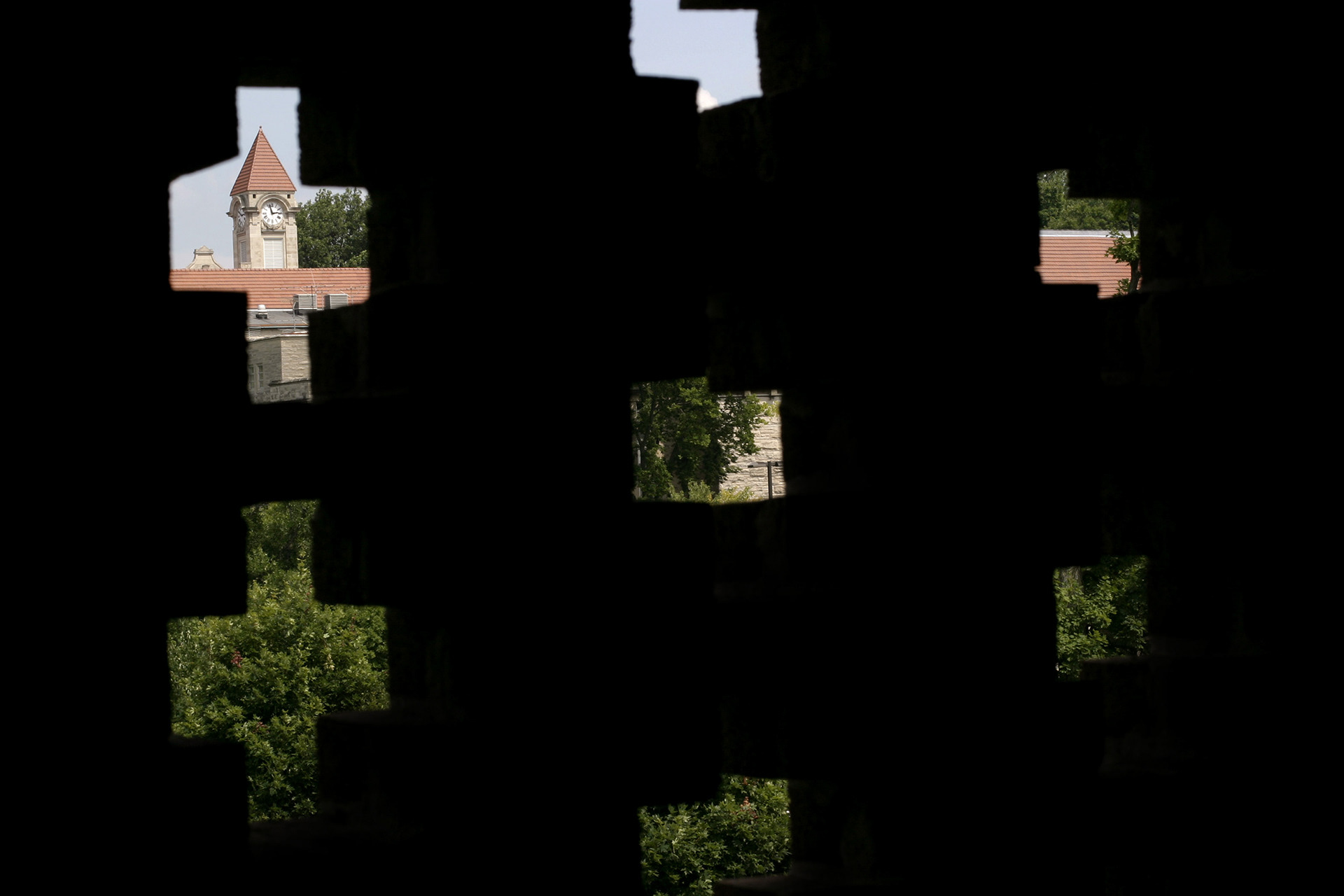 The Student Building of IU as seen through the openings in a parking garage.