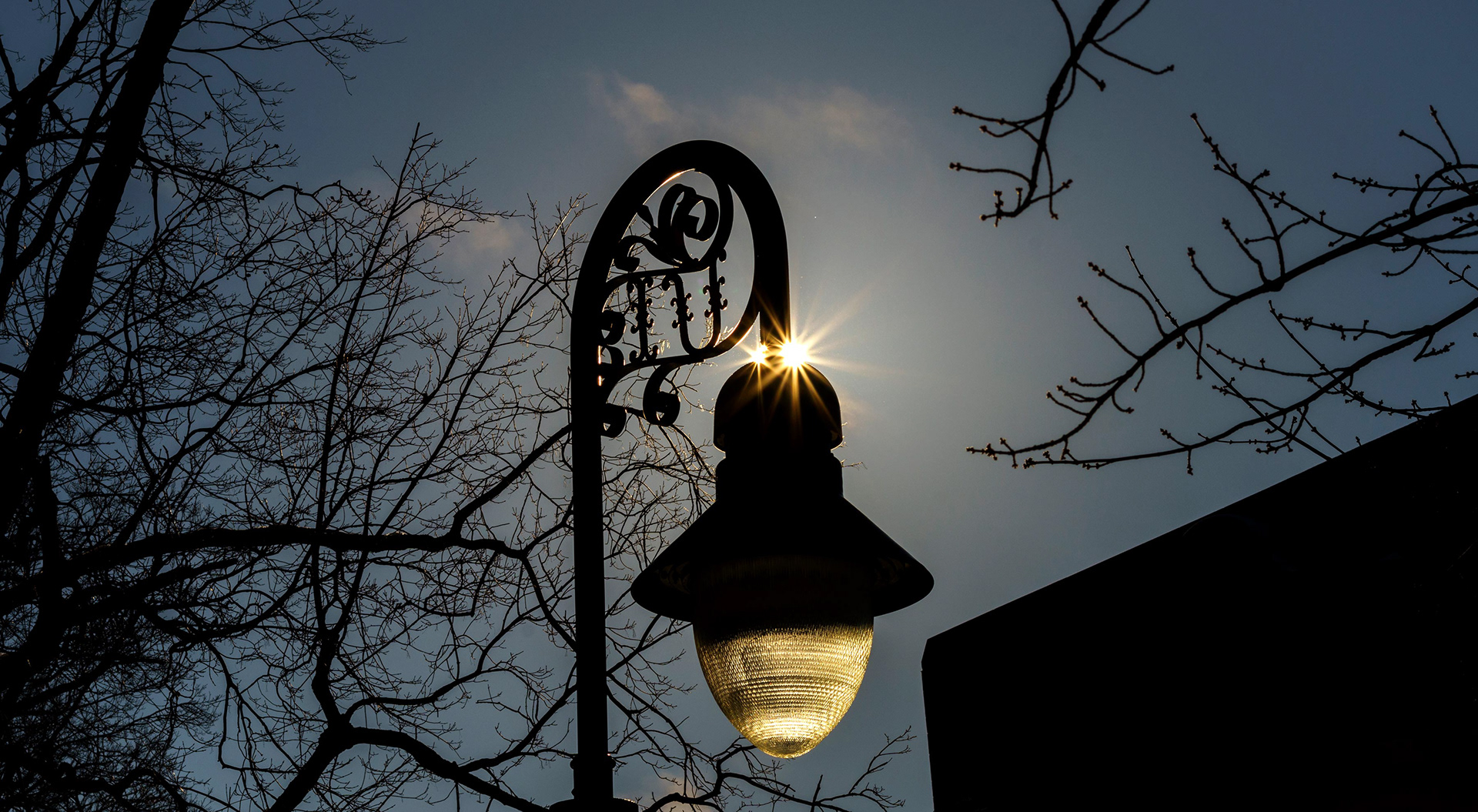 The setting sun illuminates a campus lamp.