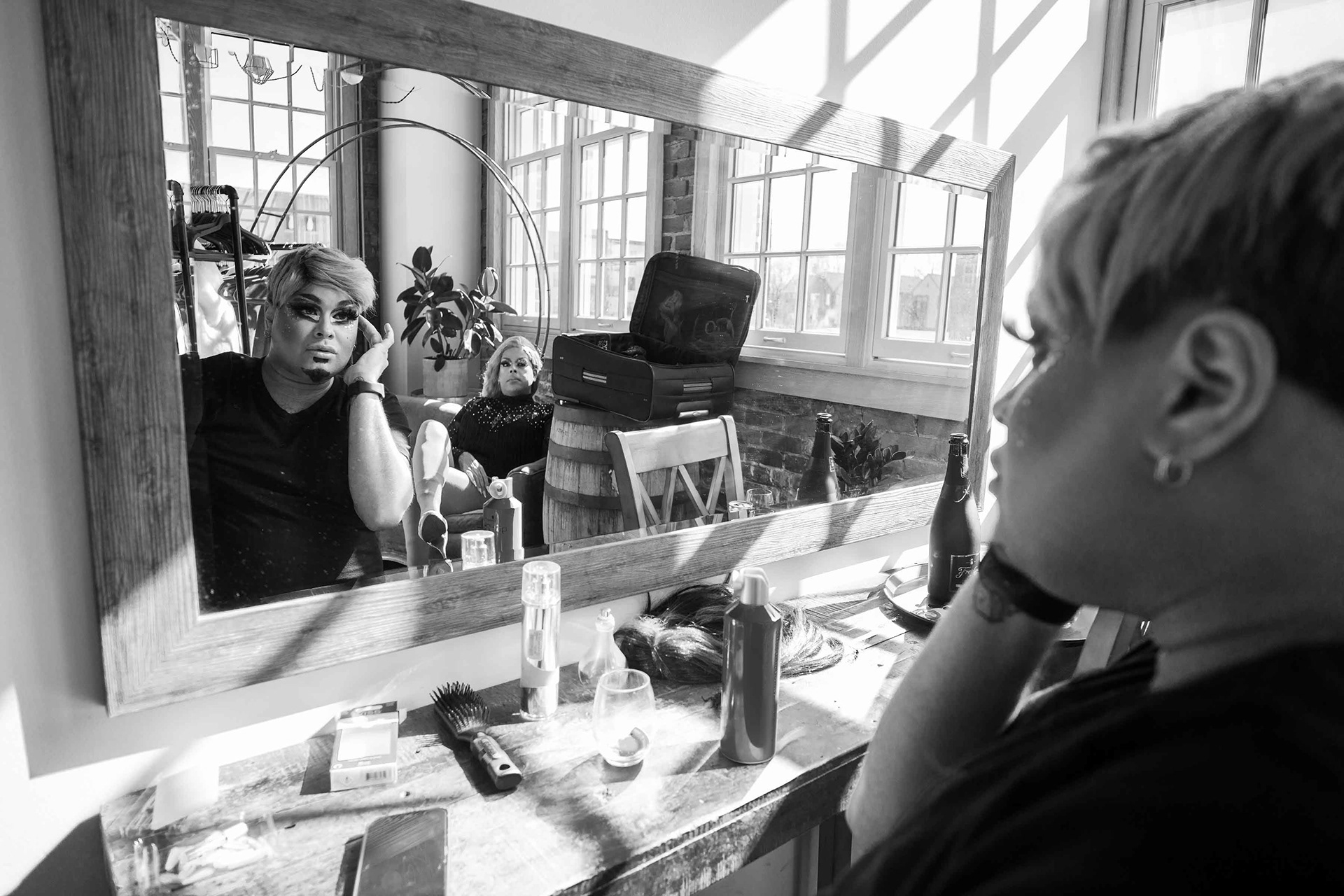 Performers prepare for a drag show.