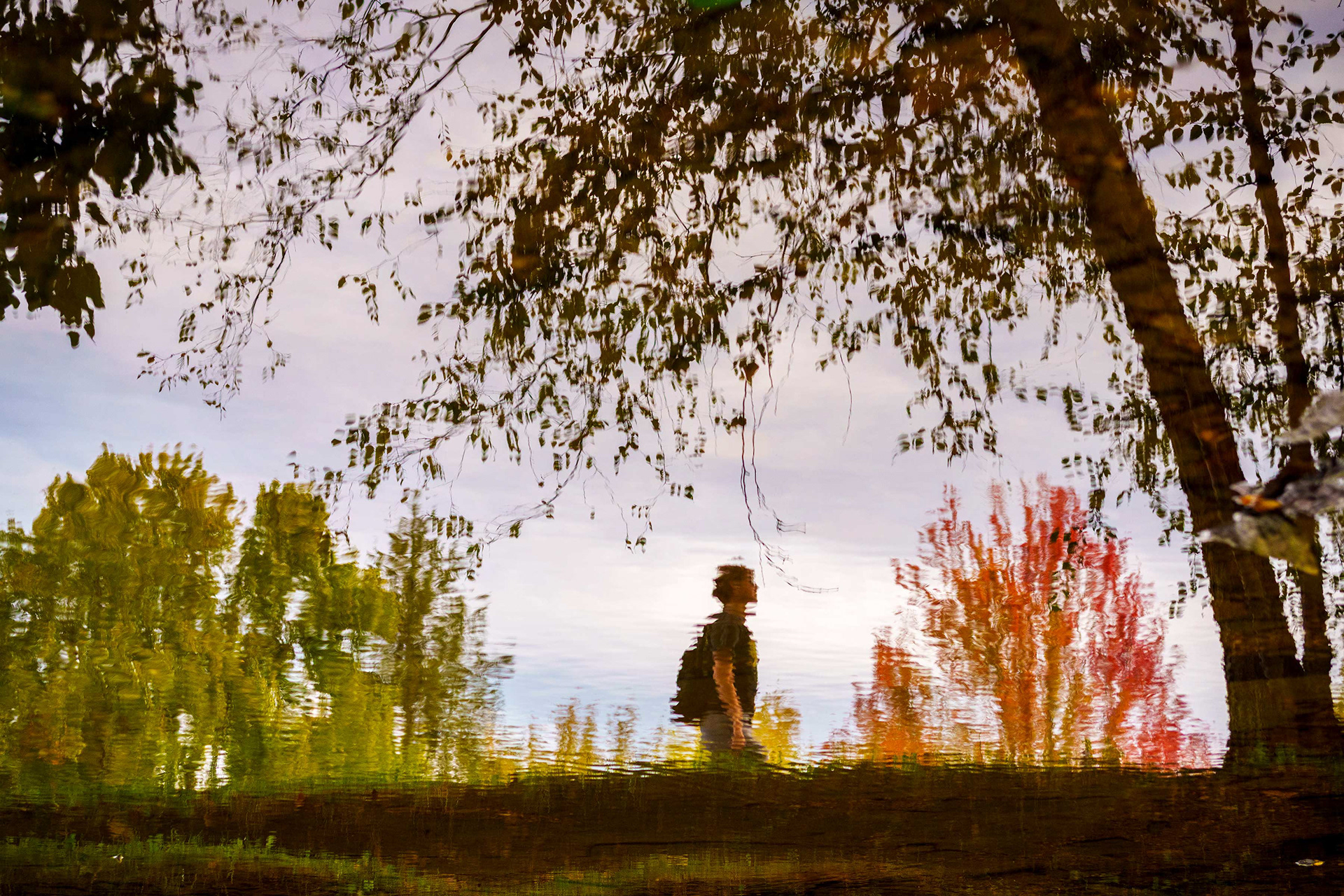 A student reflected in the campus river.