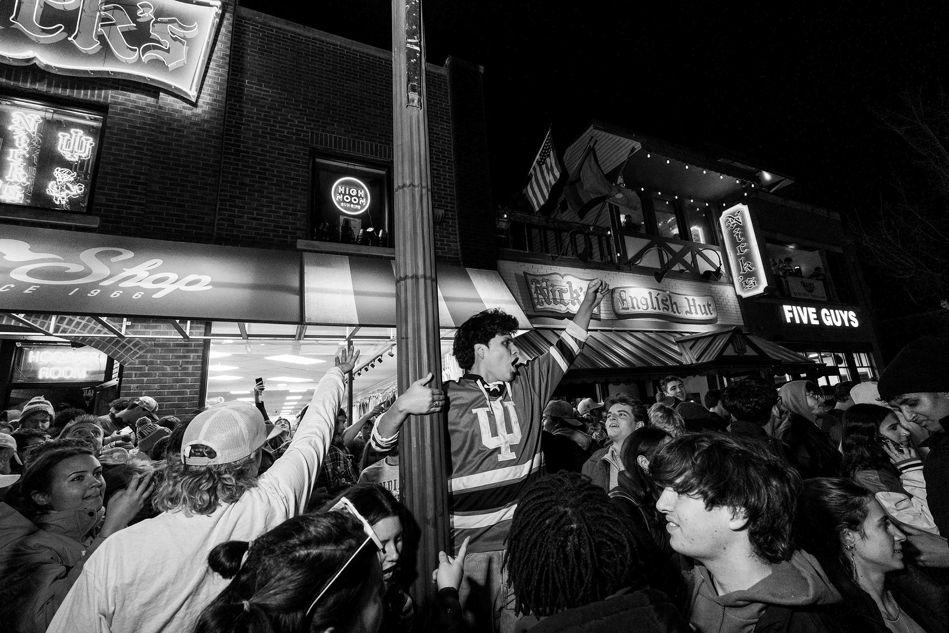Hoosier football fans celebrate a national championship win.