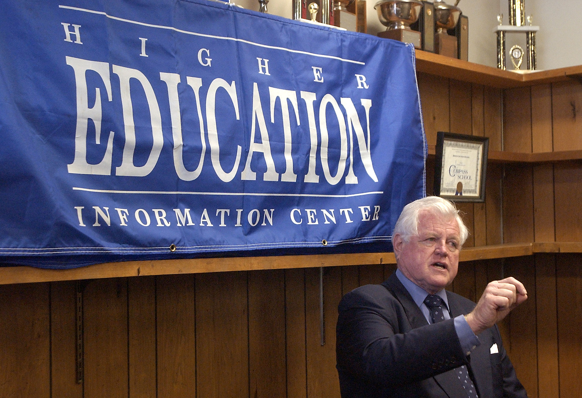 Senator Edward Kennedy speaks to crowd gathered in a conference room at Brockton High School to announce more than $1.6 million that is being invested in education programs.
