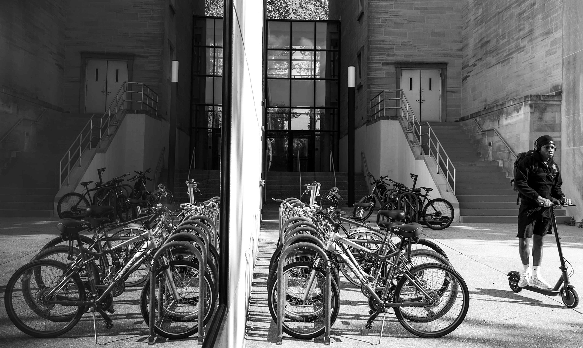 A scooter in a sea of bikes.