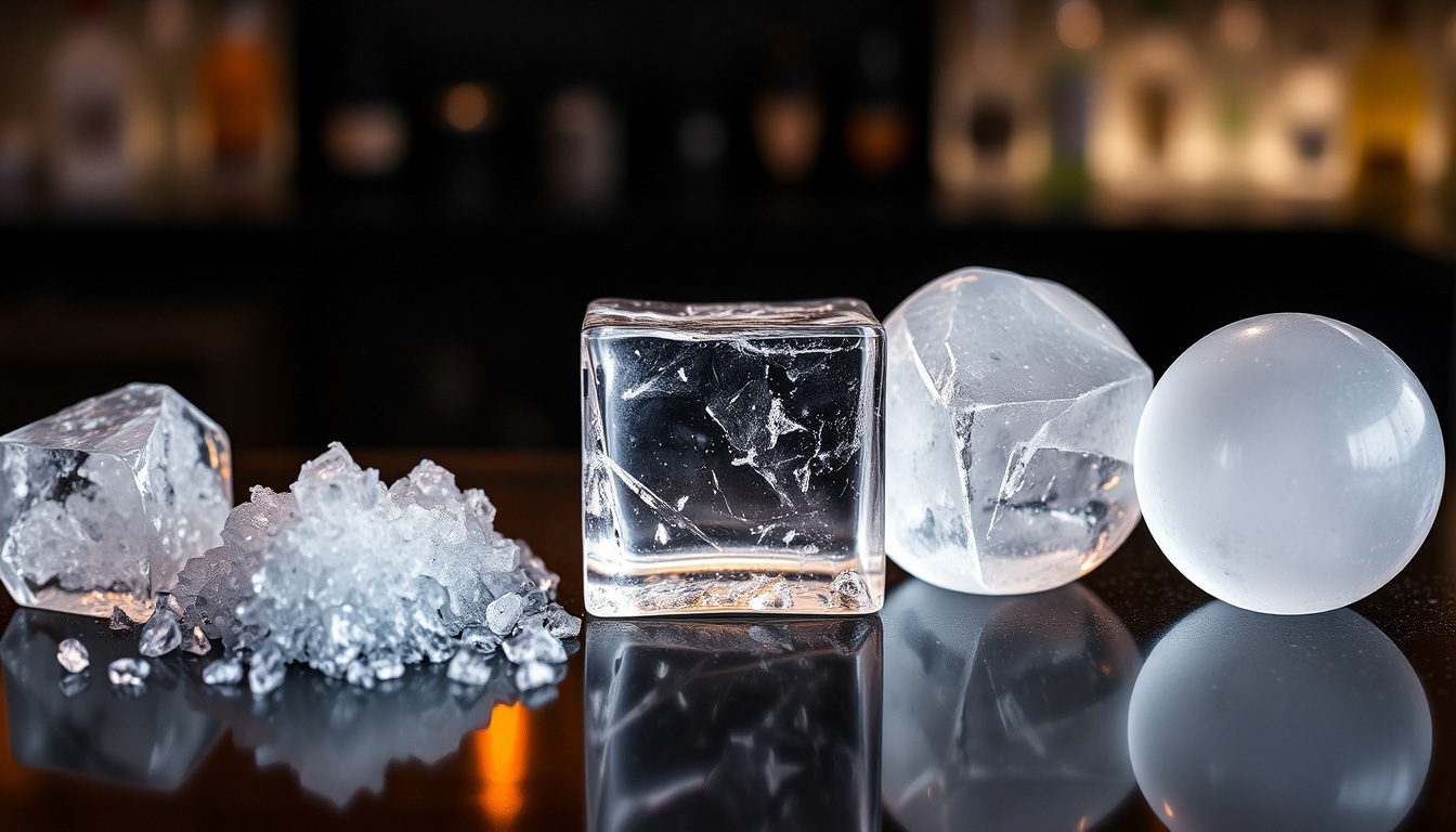 An assortment of ice types displayed together on a bar counter, including clear ice blocks, regular large ice cubes, and crushed ice. The ice variations, each with distinct textures and clarity, contrast against the dark surface. The arrangement showcases the different uses of ice in cocktail preparation, highlighting the versatility and craftsmanship involved in mixology.