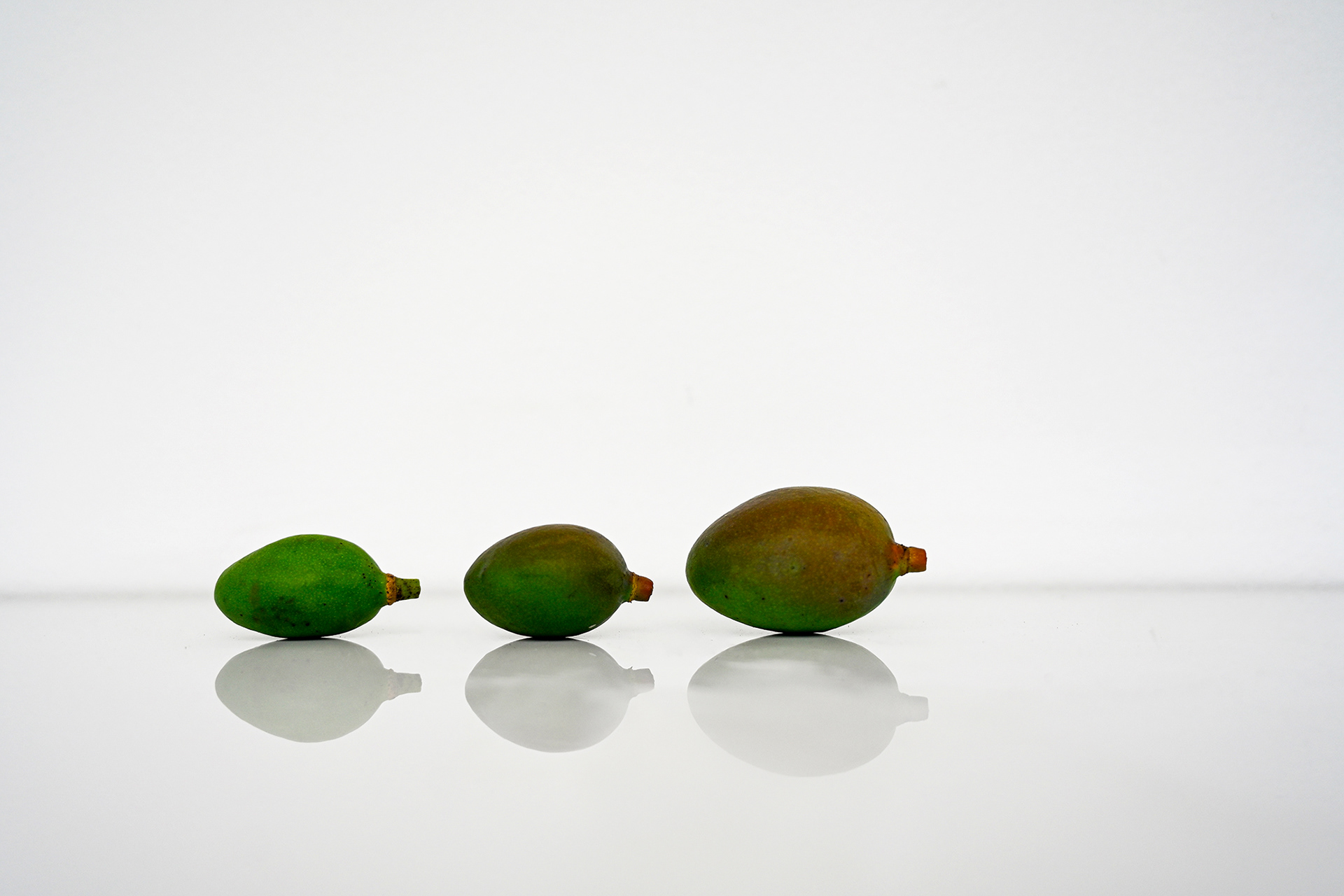 Three small green mangoes loosely grouped together on a plain surface, composed to suggest balance and quiet connection in a minimalist frame.