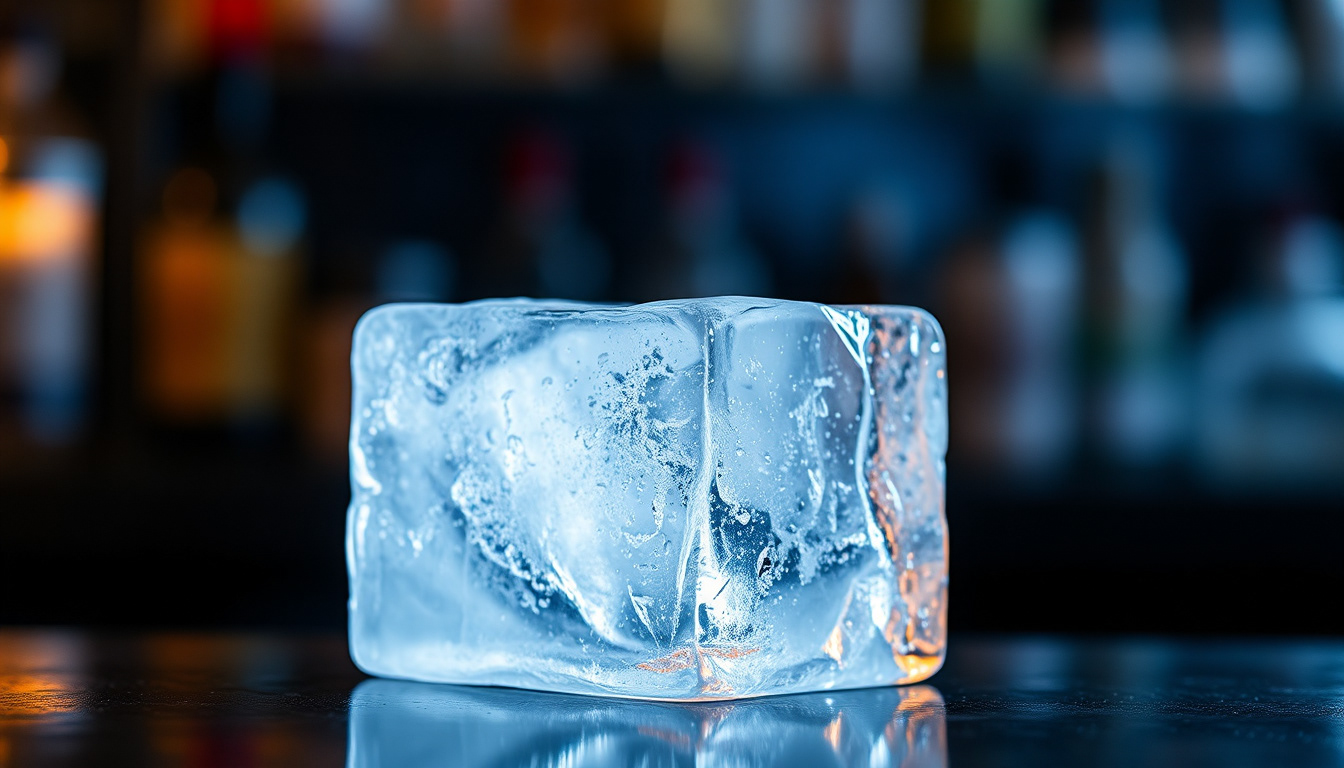 A regular large ice cube resting on a bar counter, slightly glistening under the ambient light. The cube's solid, defined edges and cloudy center stand out against the dark background, illustrating a common type of ice used in cocktails. The setting conveys a simple yet refined atmosphere, ready for drink preparation.