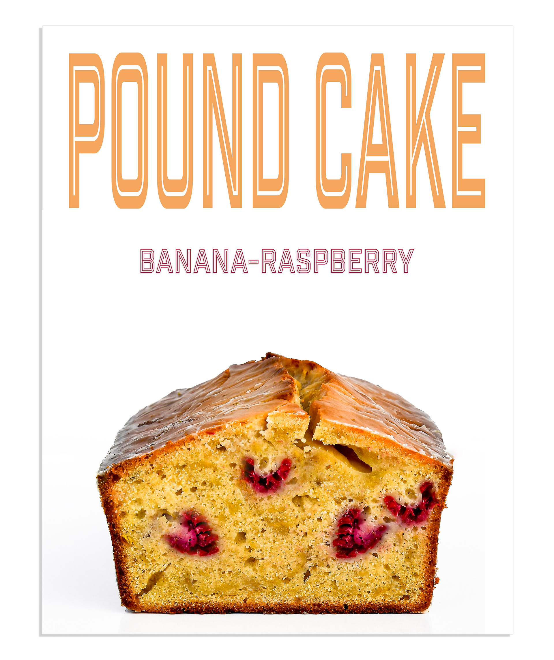  A golden banana raspberry lemon pound cake with a drizzle of lemon glaze, sliced to reveal a moist crumb with raspberry swirls, served on a wooden board with fresh raspberries on the side.