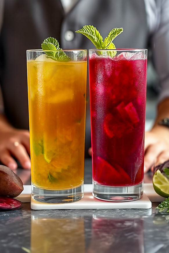A vibrant Beet Mojitos (one yellow, one deep red) served in a tall glass garnished with a small sprig of fresh mint. The drink sits on a polished bar counter, reflecting the ambient light. Only the bartender's hand is visible in the frame, mid-action, adding a dynamic, candid feel to the image. The scene captures the essence of a handcrafted, signature cocktail experience.