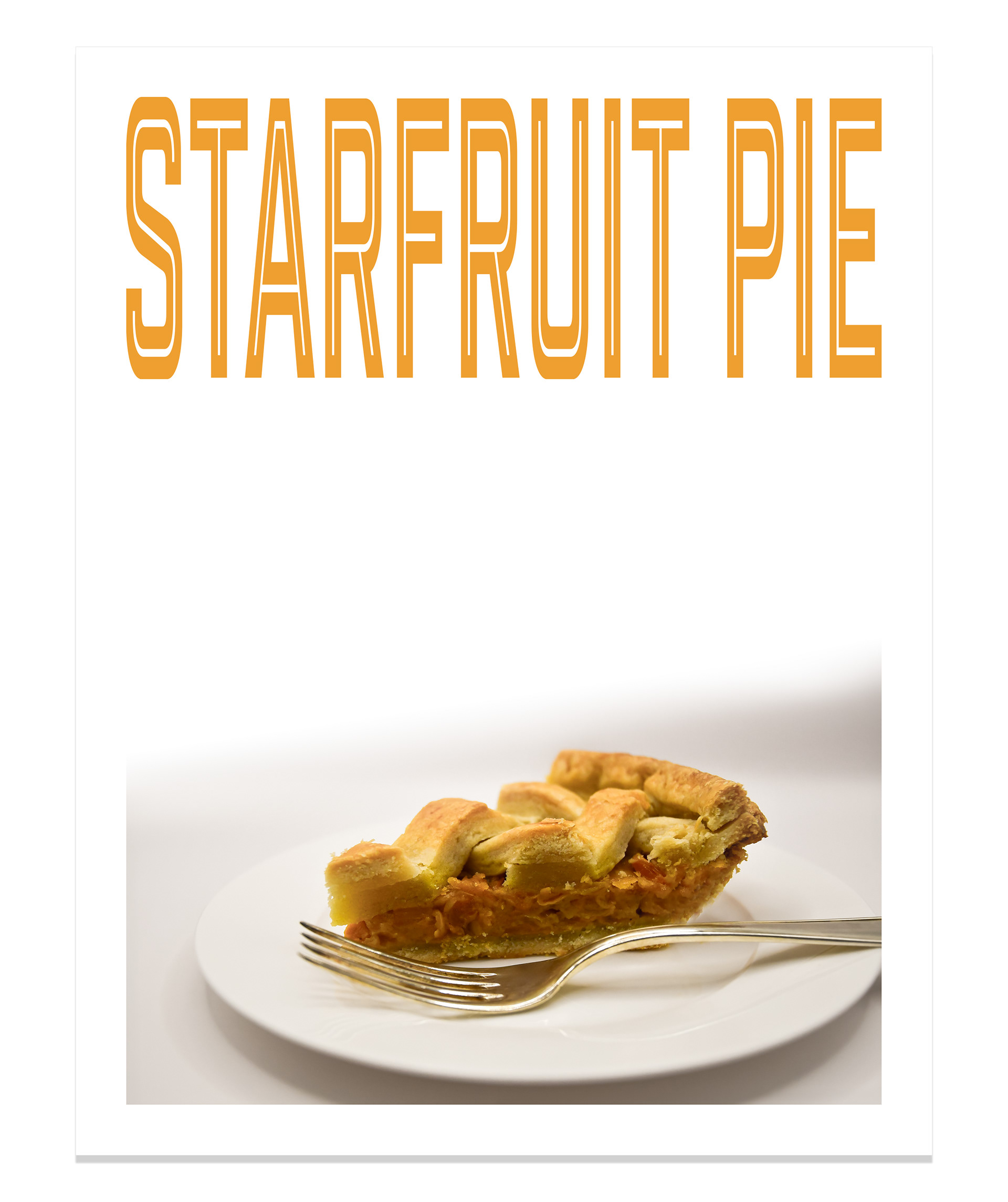 A beautifully styled image of a starfruit pie slice resting on a simple white plate, with a golden, flaky crust and a glossy, spiced starfruit filling. The filling appears rich and jam-like, with hints of warm spices, including cinnamon and star anise. A silver fork lies beside the slice on the plate, adding a touch of elegance to this tropical-inspired dessert presentation.