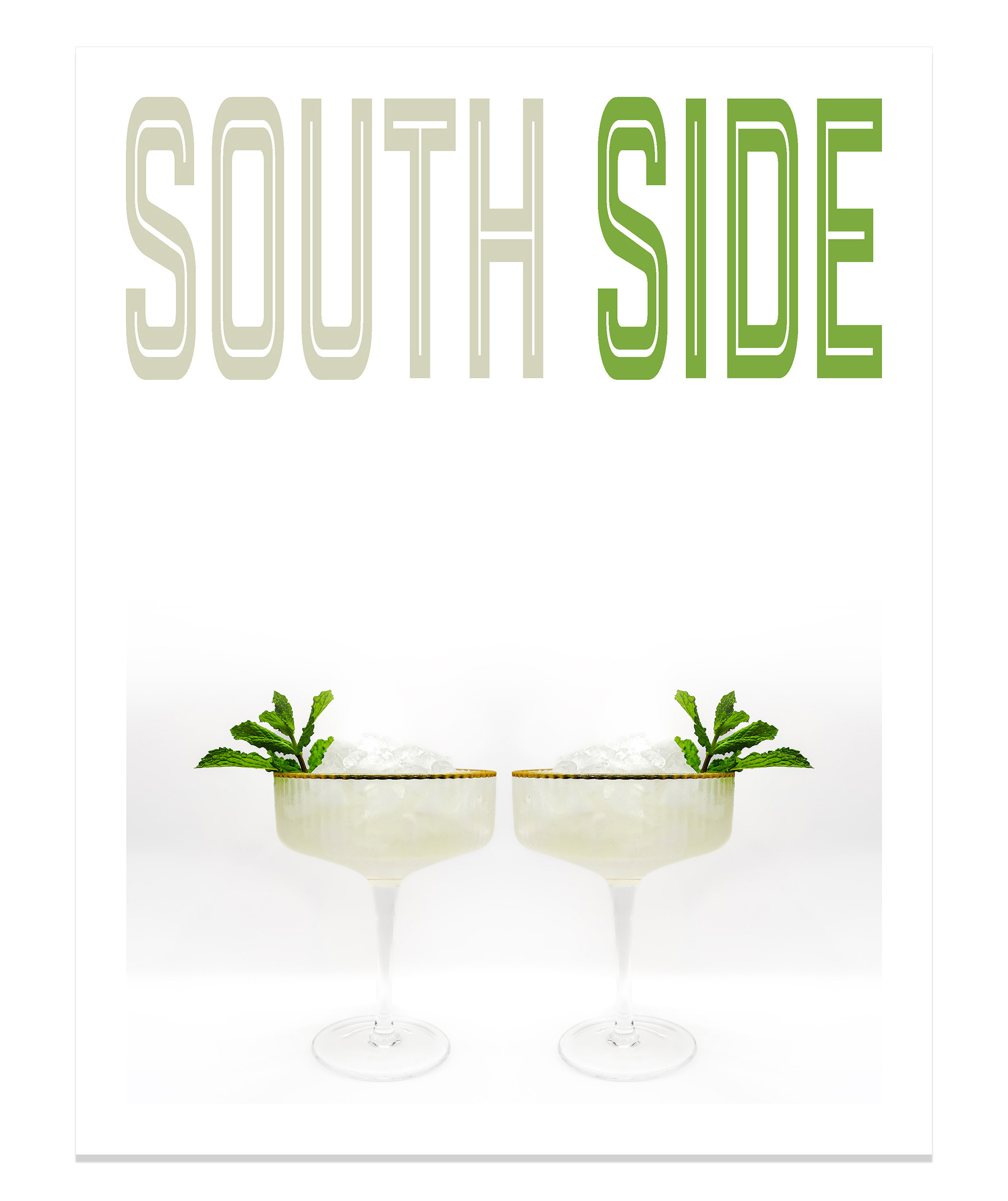 A clean and crisp magazine-style cover displaying a Southside Cocktail on a pure white background. The refreshing drink, served in a coupe glass, is a pale green hue, garnished with a single fresh mint leaf. The minimalist design emphasizes the classic elegance of the cocktail.