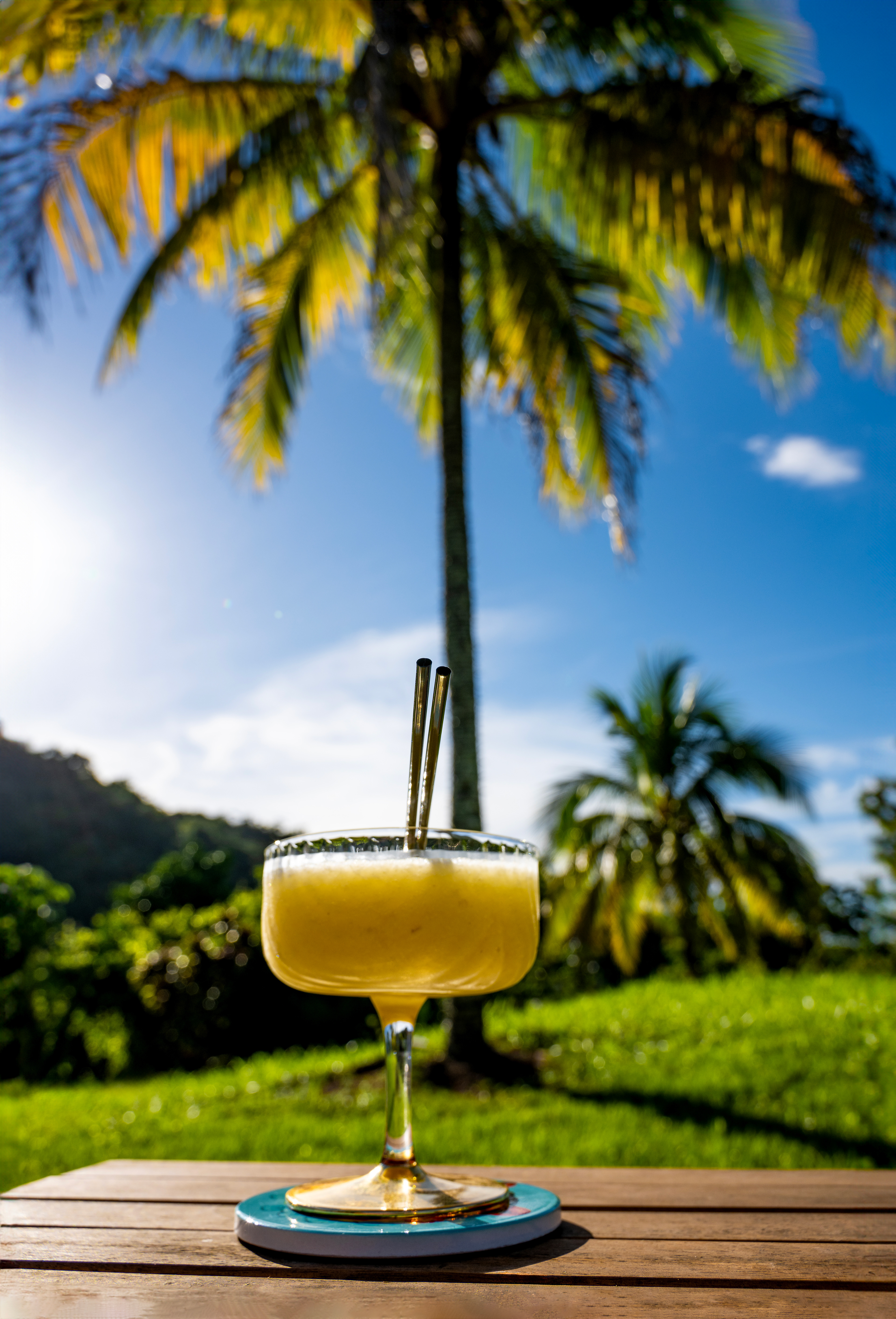 A creamy Hacienda Banana Daiquiri served in a chilled coupe glass, garnished with a fresh banana slice and a sprig of mint. The glass is set on a rustic wooden table with a lush tropical backdrop, showcasing the hacienda's natural beauty. Nearby, a ripe banana and a lime add a fresh, vibrant touch to the composition, hinting at the cocktail's tropical ingredients.