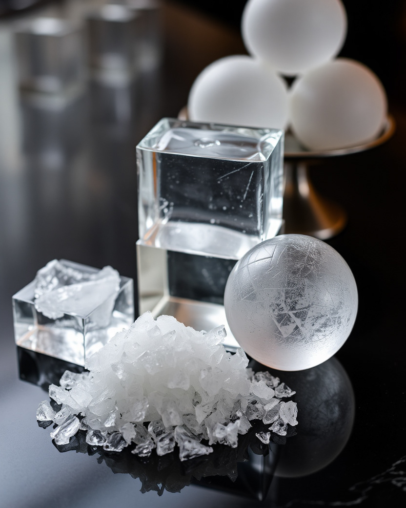 A variety of ice types displayed on a bar counter against a dark background. The image features clear ice blocks, white ice cubes, and crushed ice, highlighting the different textures and clarity. The contrast between the dark setting and the bright ice draws attention to the purity and shape of each ice type, emphasizing their role in cocktail preparation.