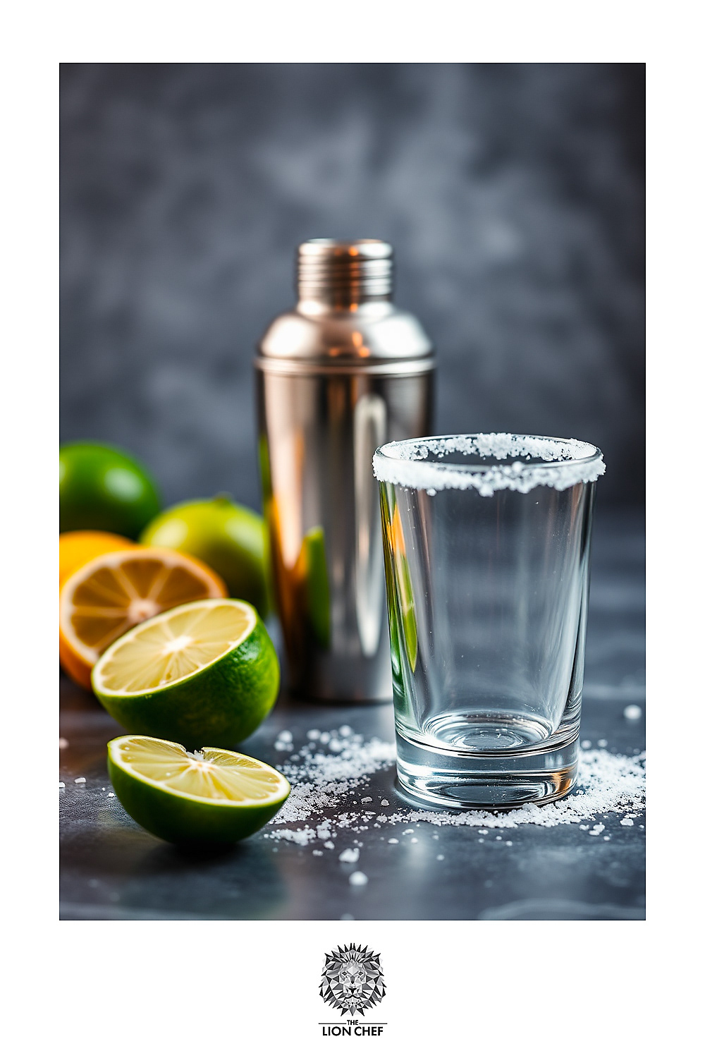 A cocktail-making setup featuring various bar tools including a shaker, jigger, strainer, and mixing glass, all arranged neatly on a countertop. 