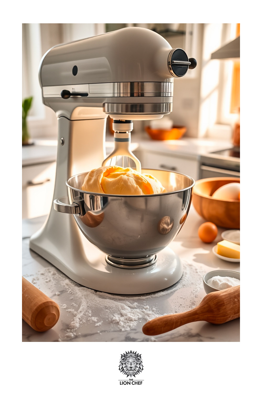 A Kitchenaid mixer in action, kneading soft brioche dough in its stainless steel bowl. The smooth, rich dough begins to form, showcasing the mixer’s power and precision in the bread-making process.