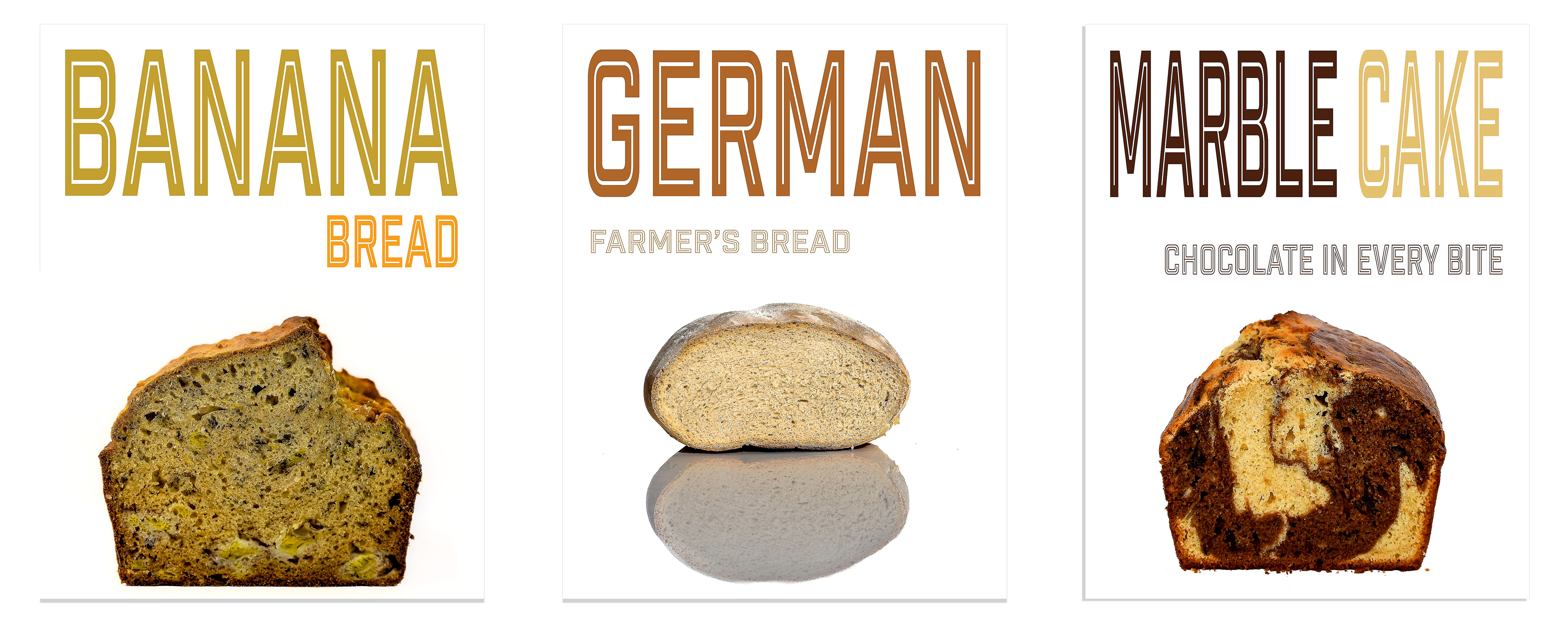 Banana bread, German farmer's bread (Bauernbrot), and marble cake, each representing different leavening agents: baking soda, yeast, and baking powder, displayed on a white background to highlight the differences in texture and rise.