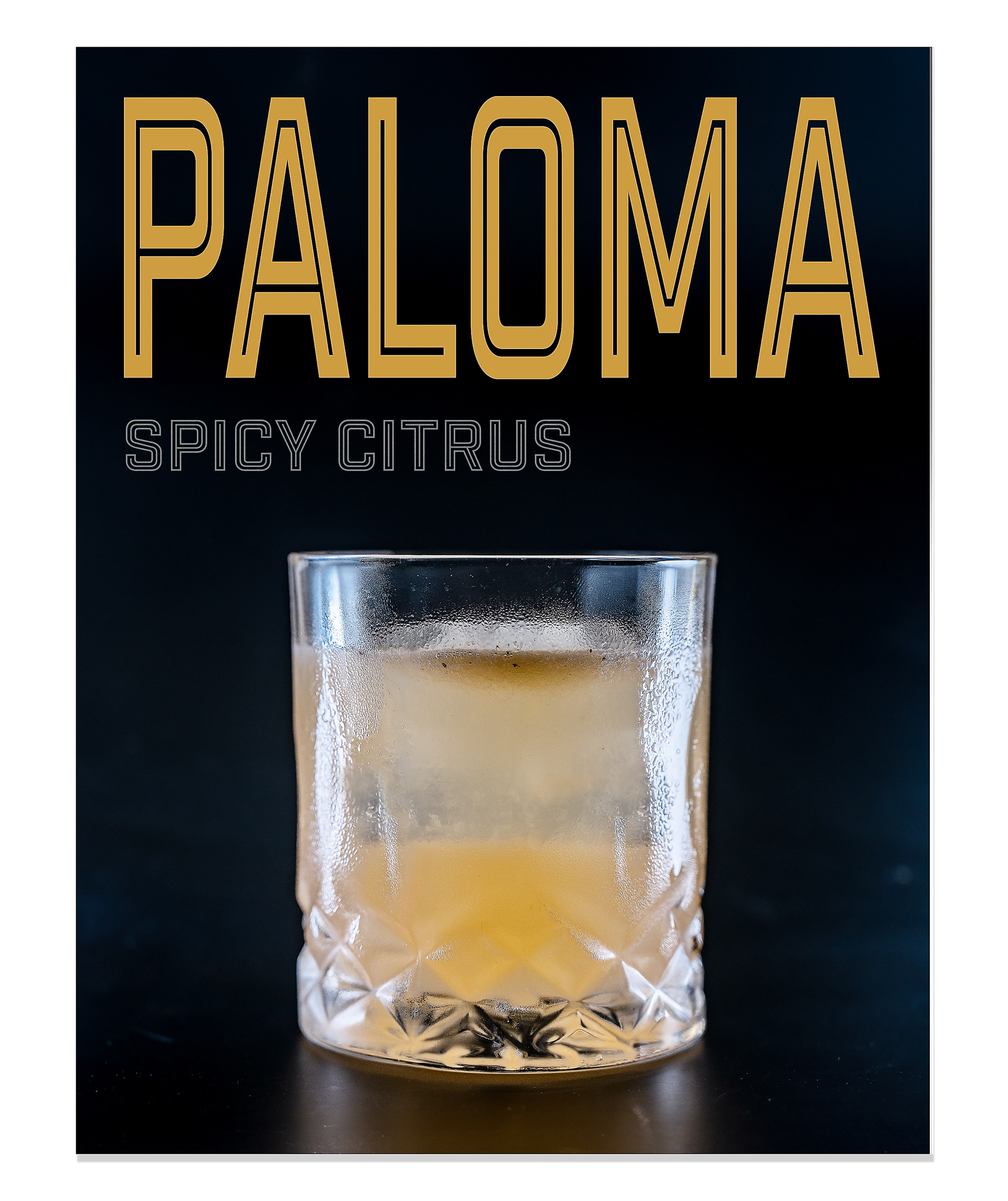 A bold magazine-style cover showcasing a Spicy Citrus Paloma against a dramatic black background. The cocktail is served in a highball glass with a vibrant pink hue, highlighting the zesty and fiery essence of the drink. The stark contrast creates a striking visual impact.